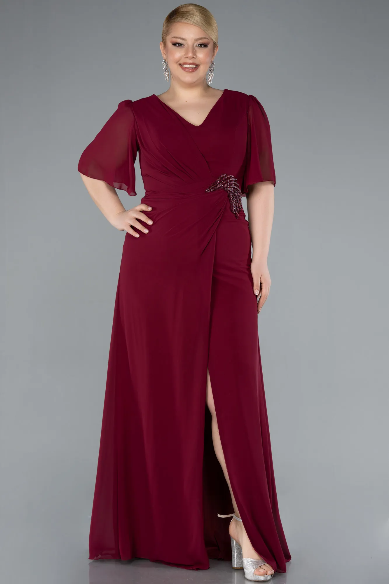 Burgundy-Short Sleeve Slit Long Chiffon Plus Size Evening Dress ABU4678