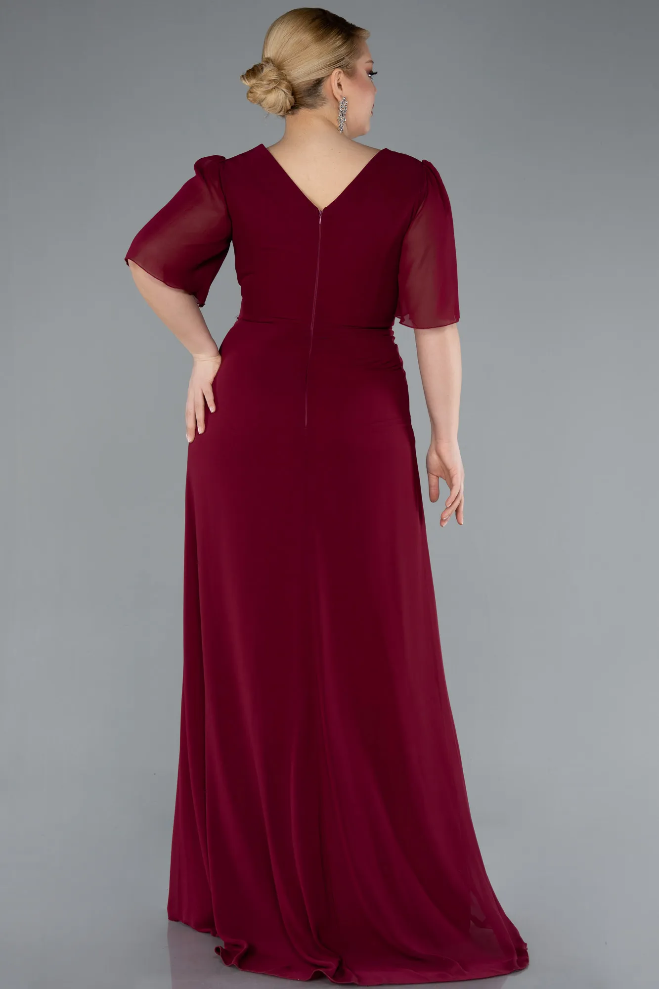 Burgundy-Short Sleeve Slit Long Chiffon Plus Size Evening Dress ABU4678