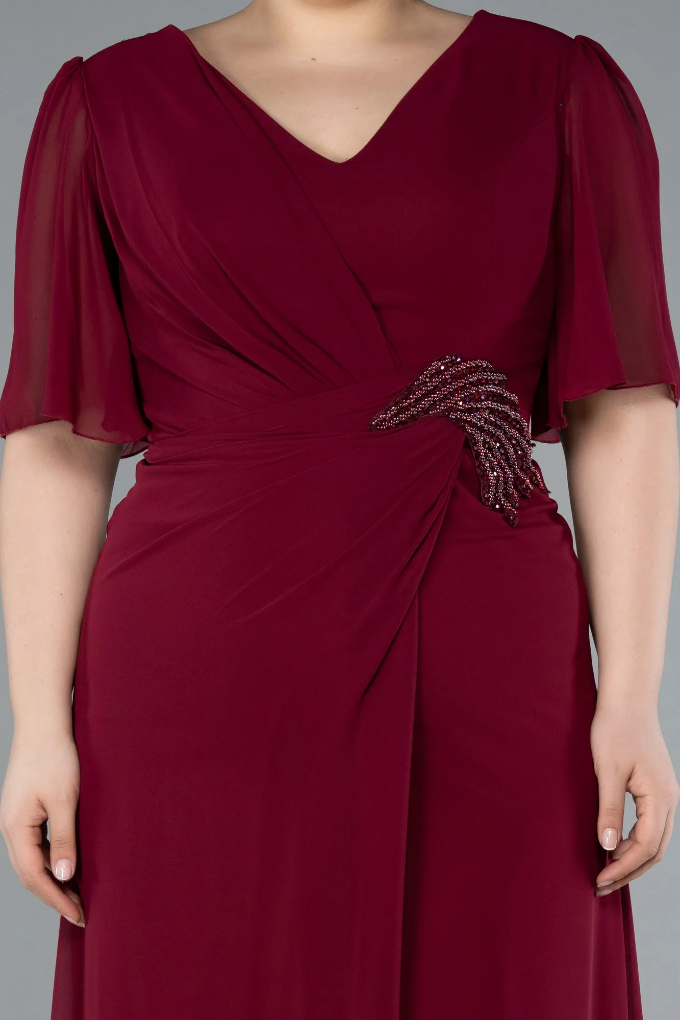 Burgundy-Short Sleeve Slit Long Chiffon Plus Size Evening Dress ABU4678