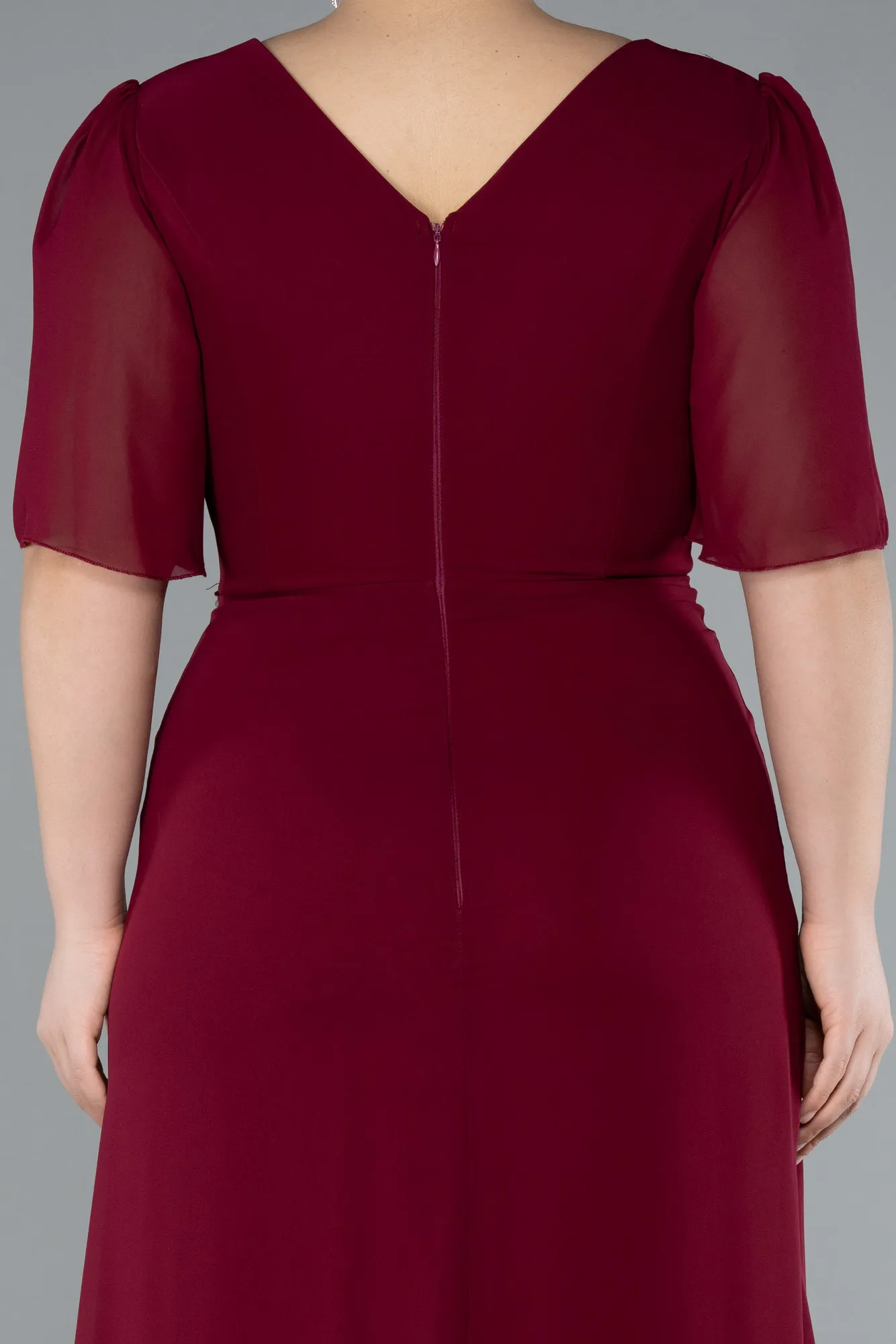 Burgundy-Short Sleeve Slit Long Chiffon Plus Size Evening Dress ABU4678