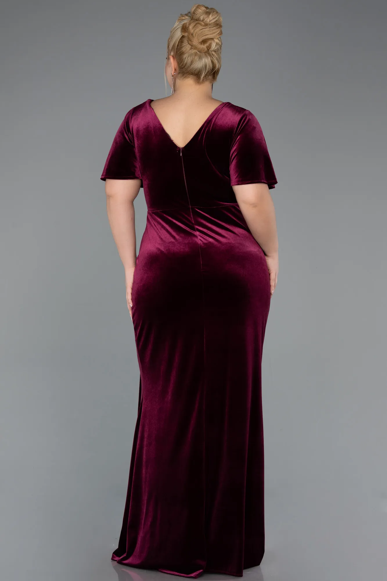 Burgundy-Short Sleeve Slit Long Velvet Plus Size Evening Dress ABU4317