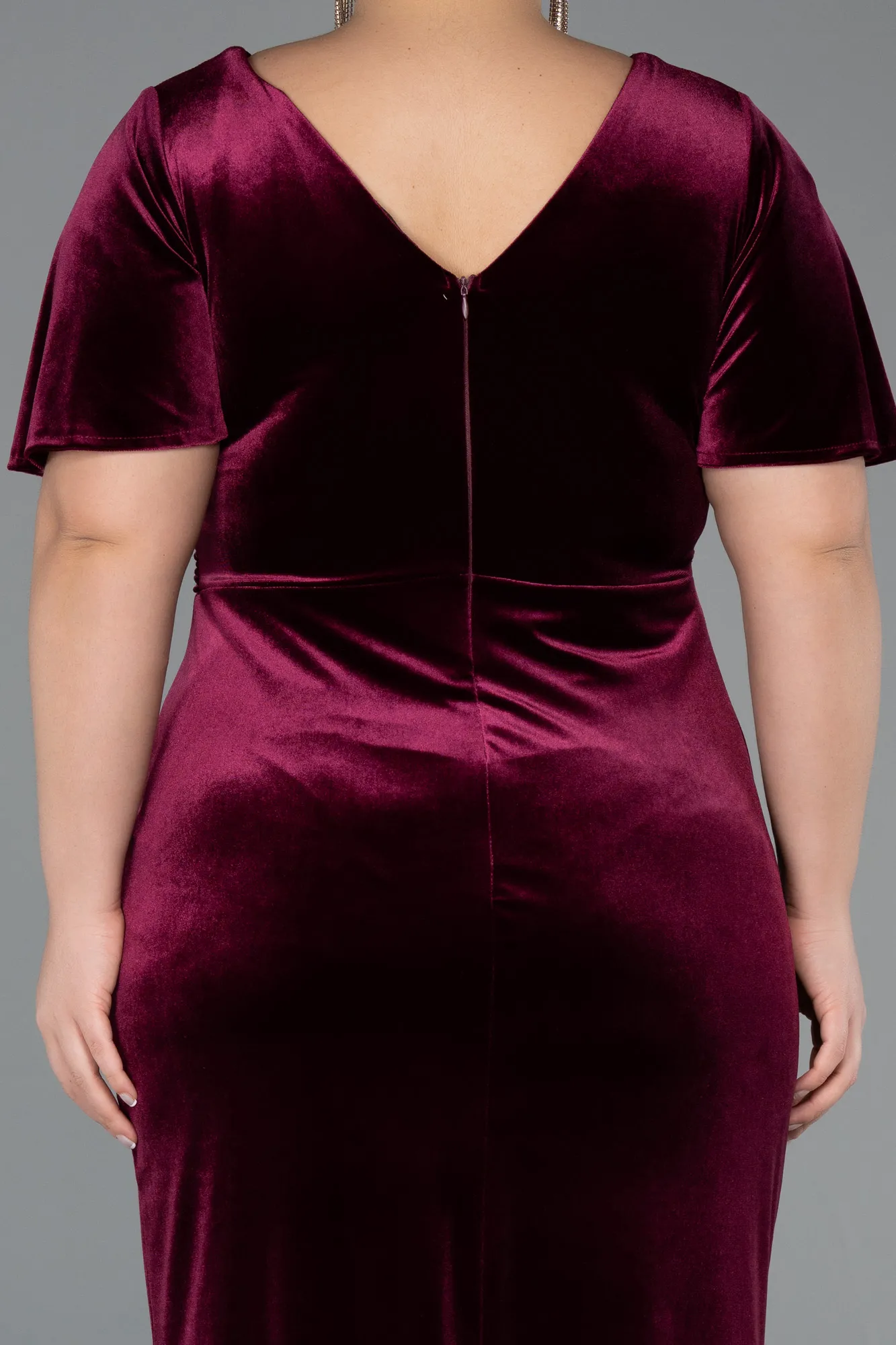 Burgundy-Short Sleeve Slit Long Velvet Plus Size Evening Dress ABU4317