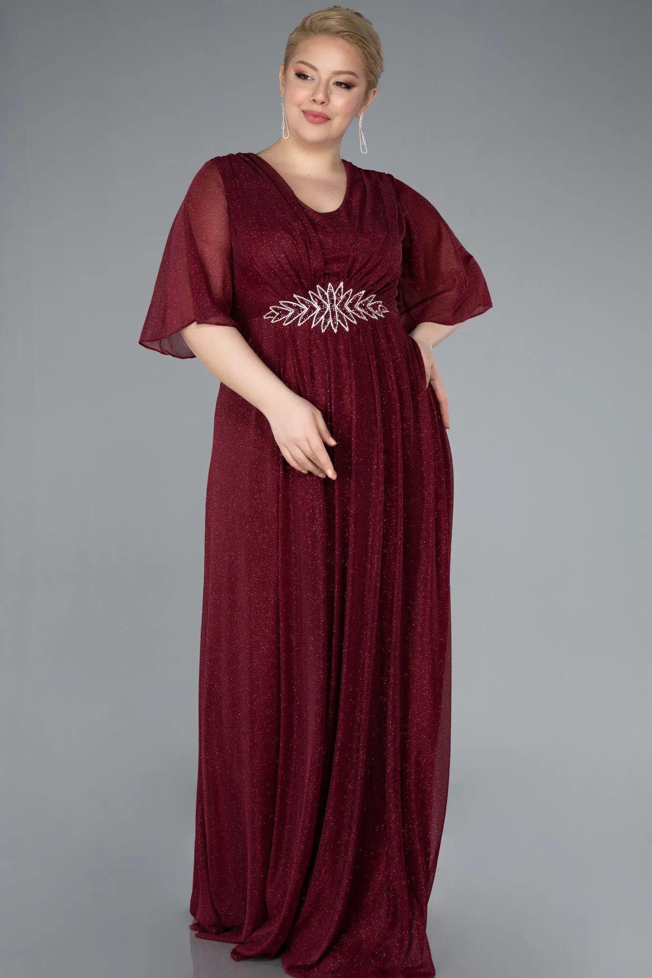 Burgundy-Short Sleeve V Neck Long Glittery Plus Size Evening Dress ABU4887