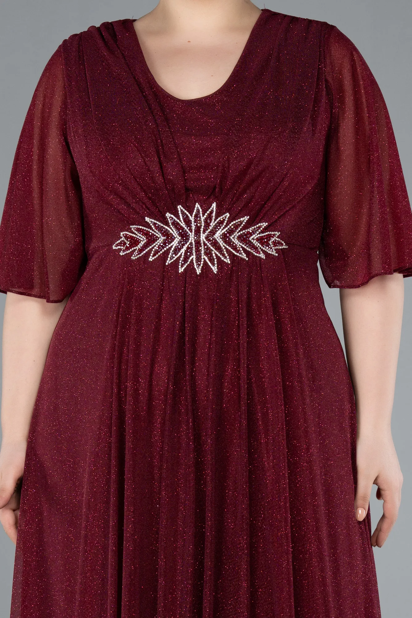 Burgundy-Short Sleeve V Neck Long Glittery Plus Size Evening Dress ABU4887