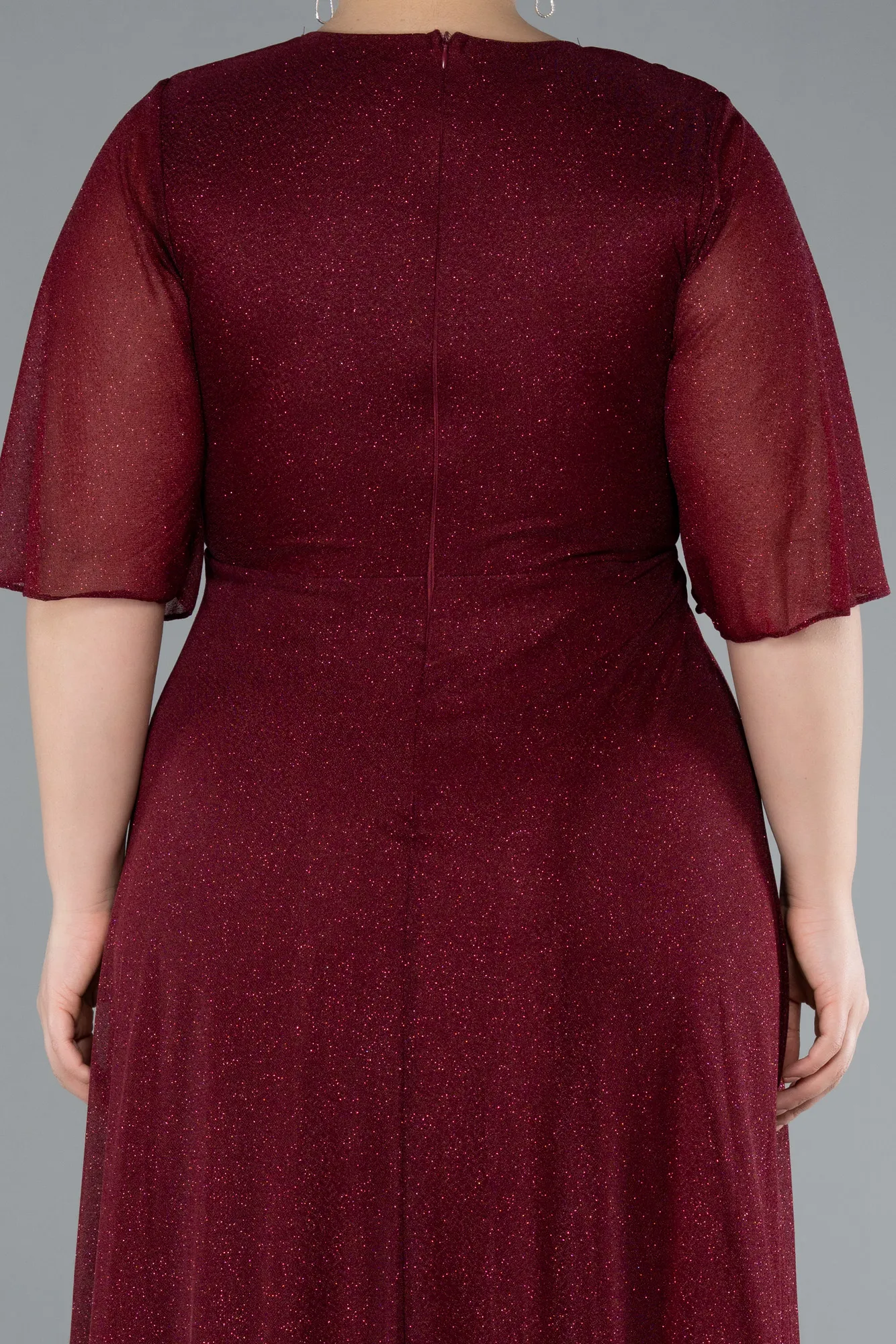Burgundy-Short Sleeve V Neck Long Glittery Plus Size Evening Dress ABU4887