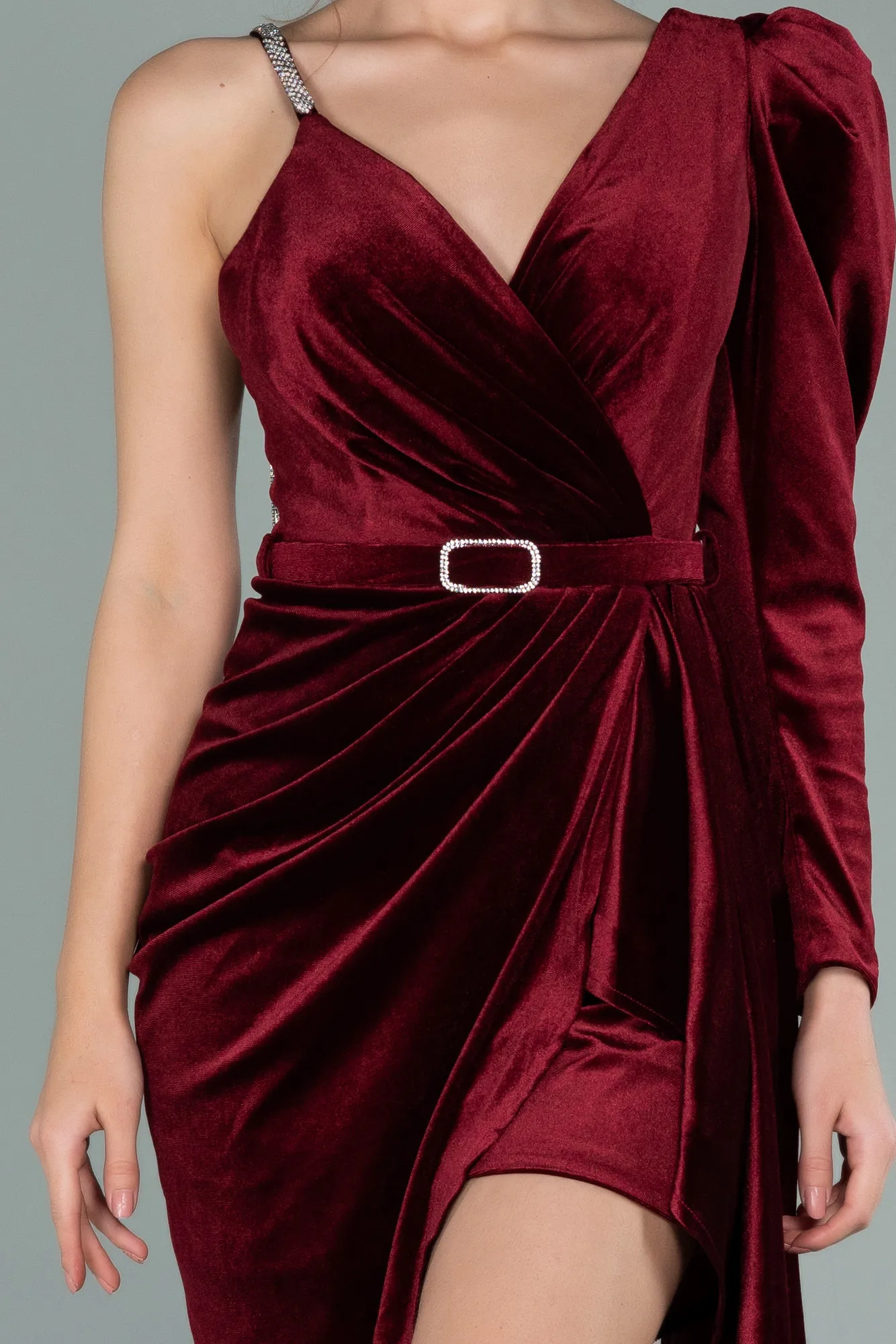 Burgundy-Short Velvet Invitation Dress ABK1124