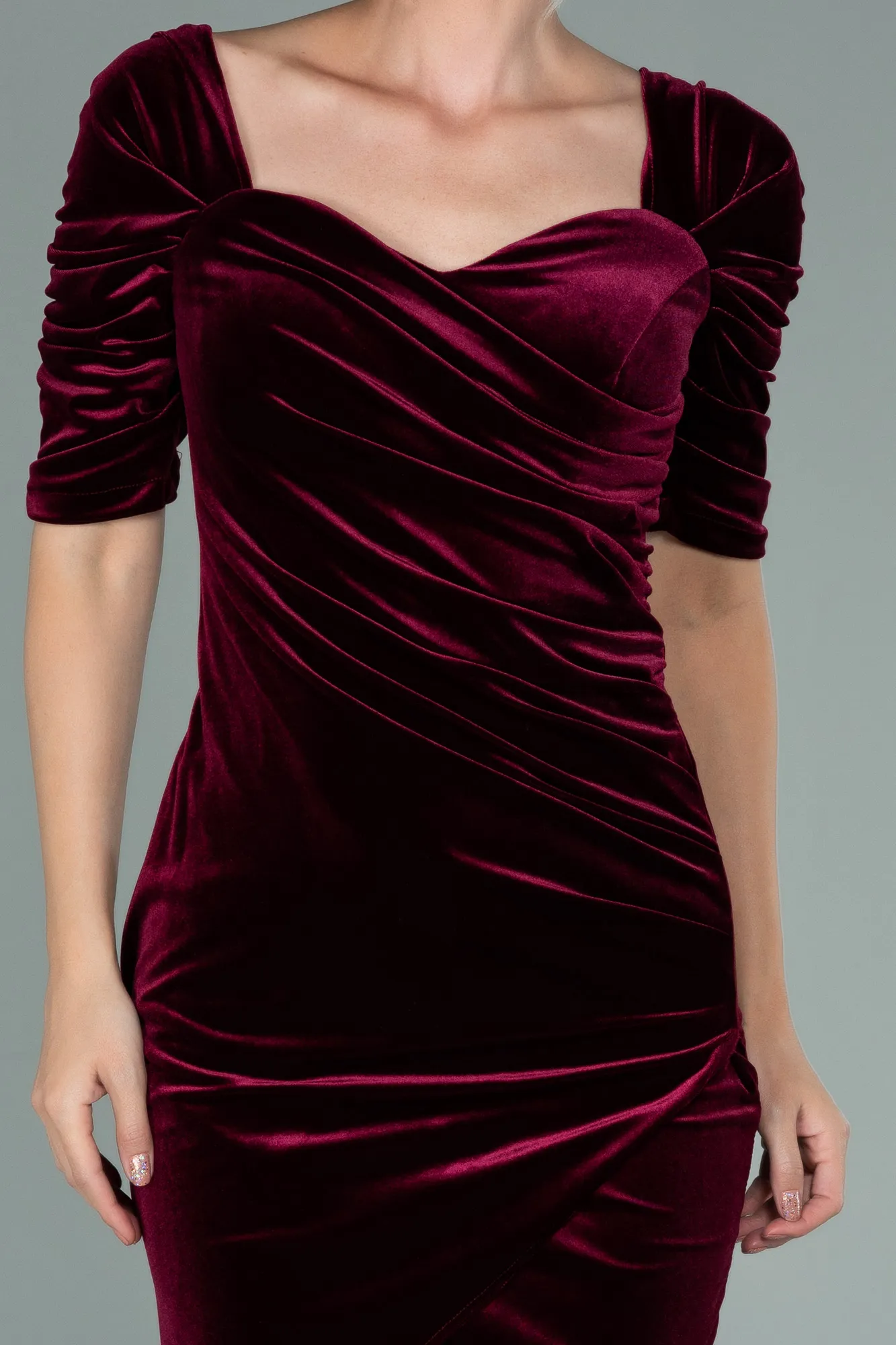 Burgundy-Short Velvet Invitation Dress ABK1140