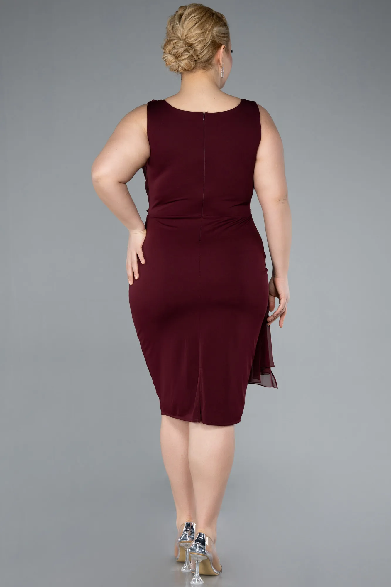 Burgundy-Sleeveless Midi Plus Size Cocktail Dress ABK2328