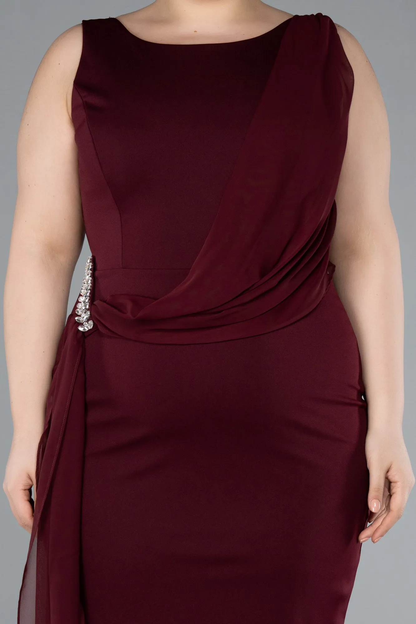Burgundy-Sleeveless Midi Plus Size Cocktail Dress ABK2328