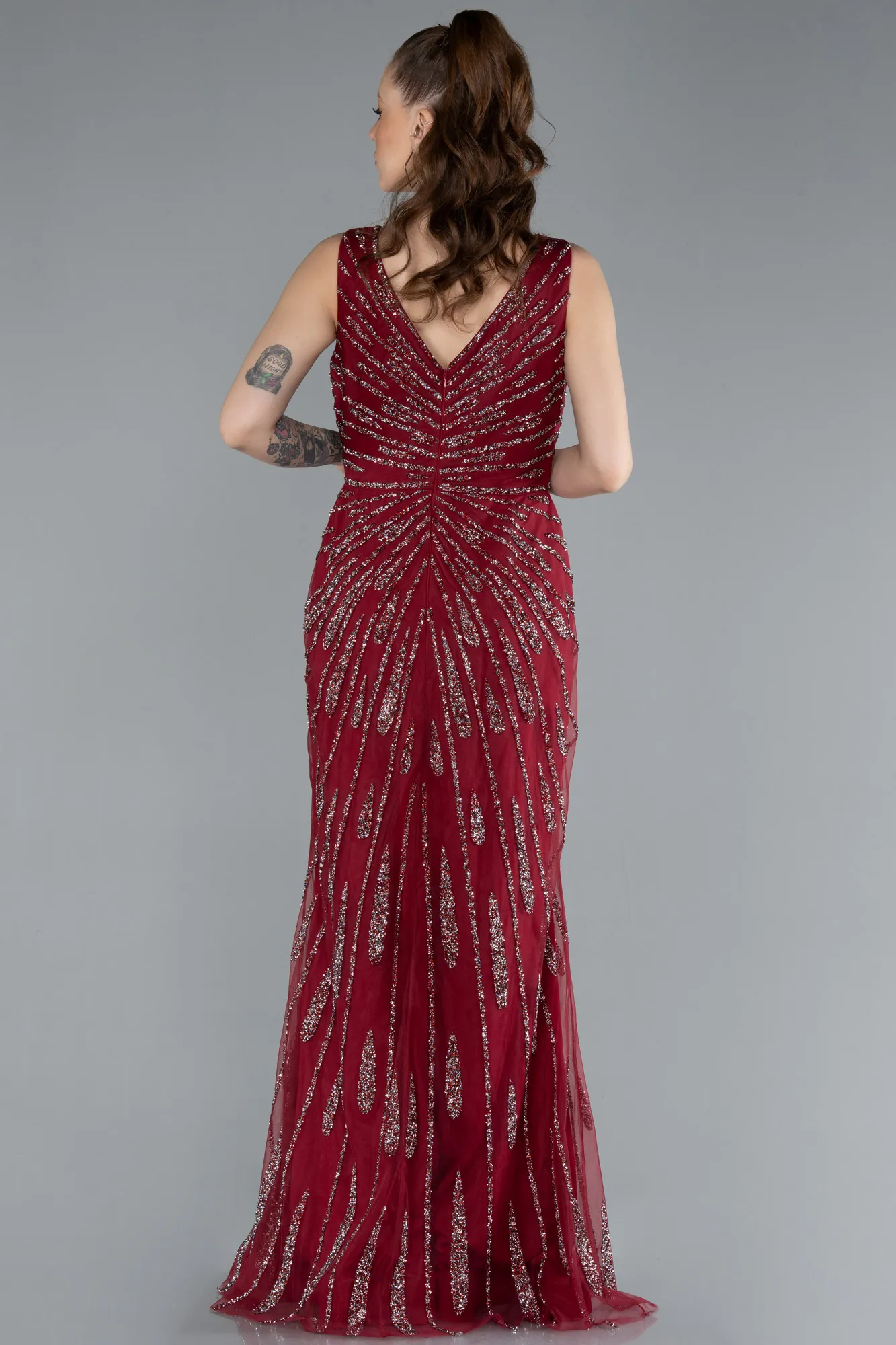 Burgundy-Sleeveless V Neck Slit Stone Evening Gown ABU4714