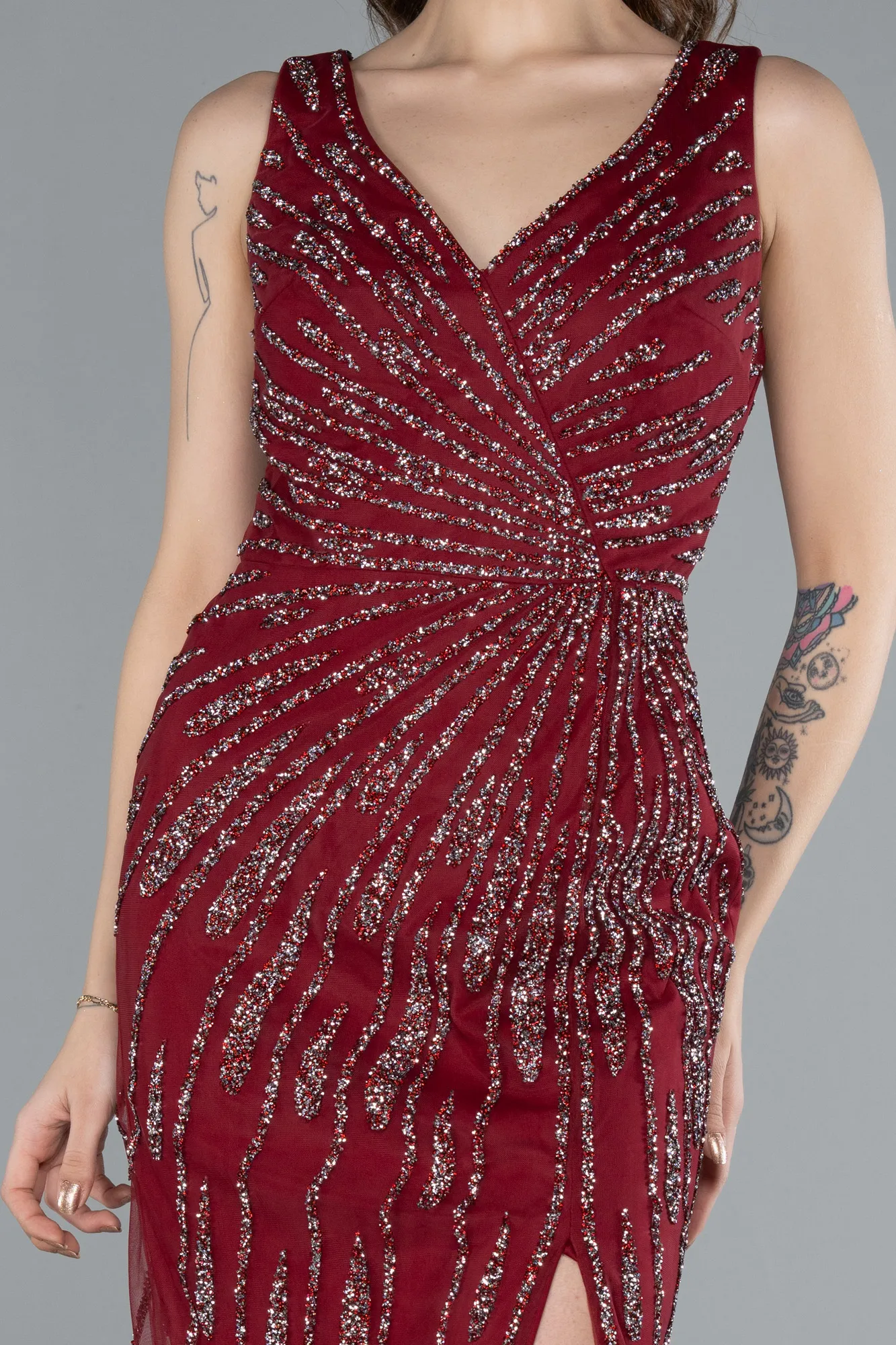 Burgundy-Sleeveless V Neck Slit Stone Evening Gown ABU4714