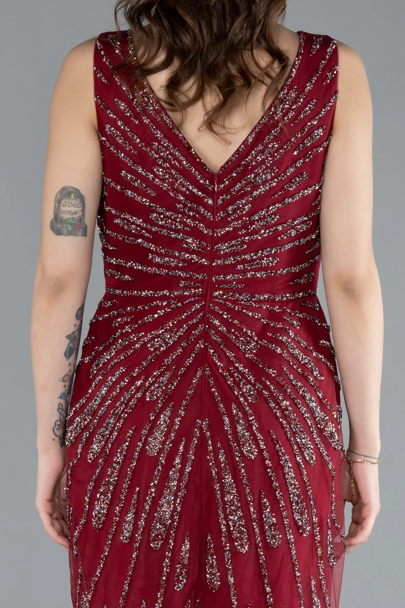 Burgundy-Sleeveless V Neck Slit Stone Evening Gown ABU4714