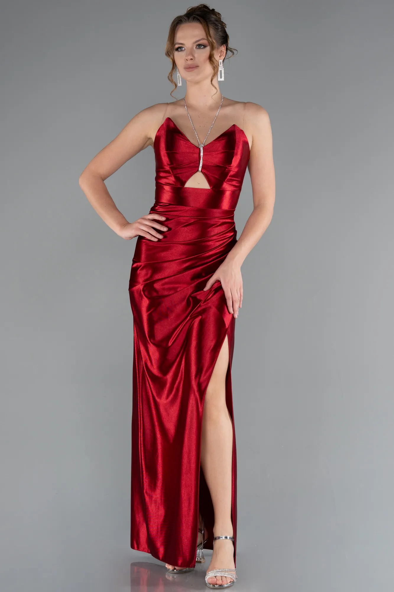 Burgundy-Slit Satin Long Prom Dress ABU4884