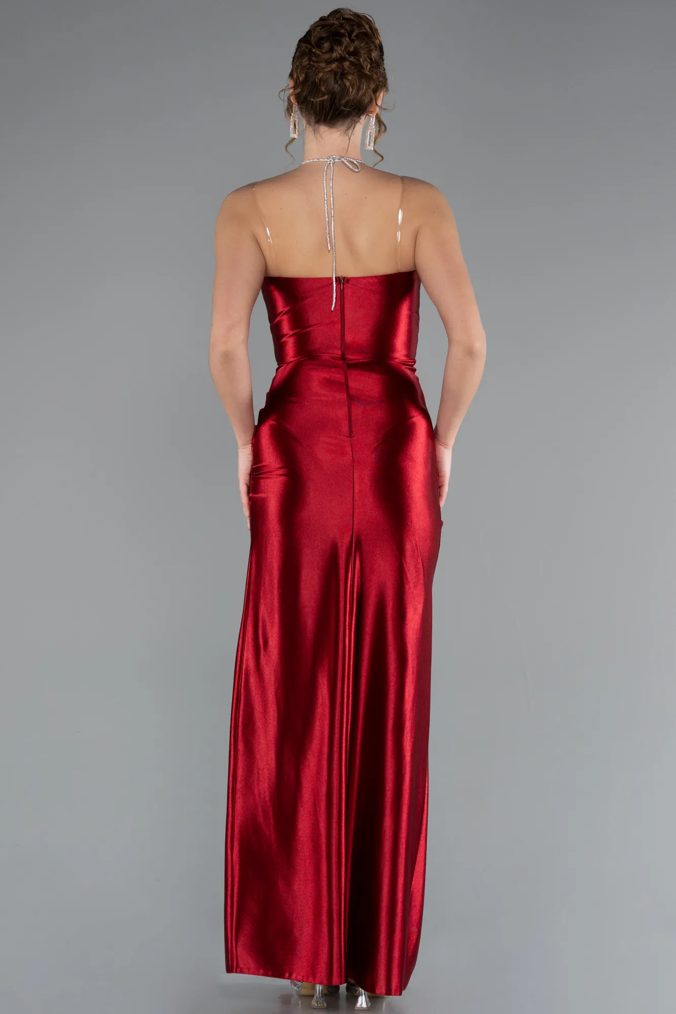 Burgundy-Slit Satin Long Prom Dress ABU4884