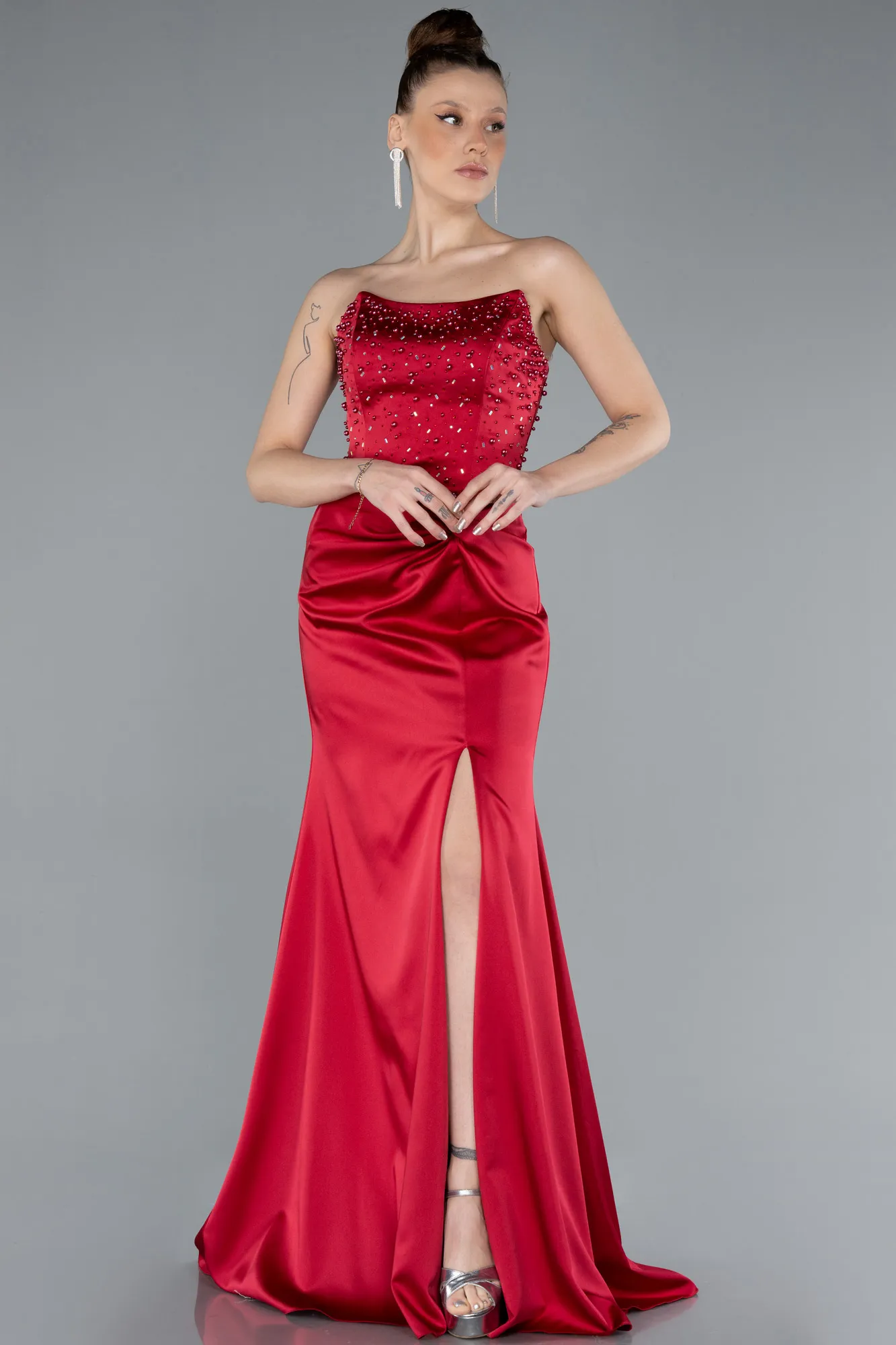 Burgundy-Strapless Long Satin Mermaid Prom Dress ABU4683