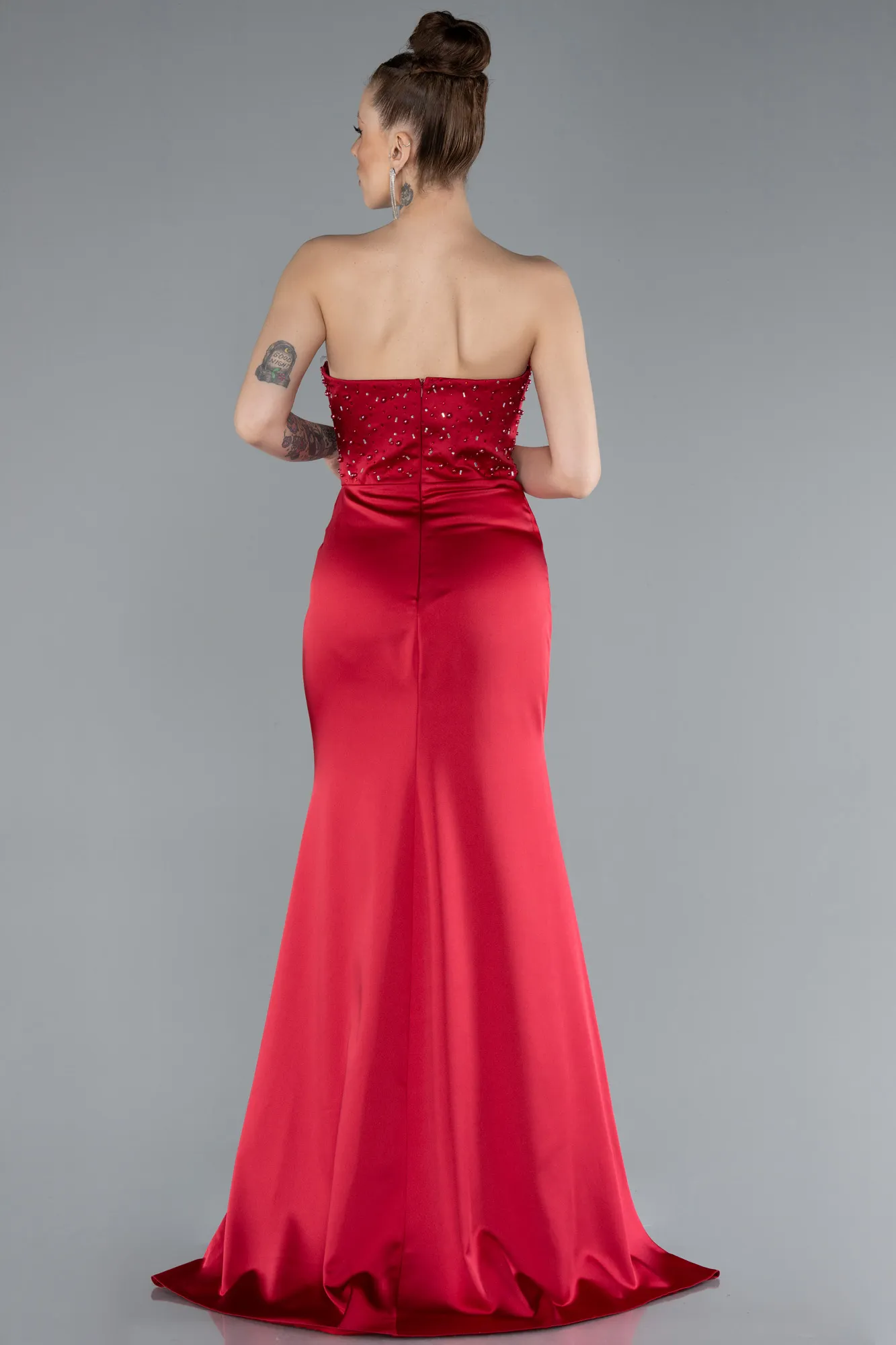 Burgundy-Strapless Long Satin Mermaid Prom Dress ABU4683