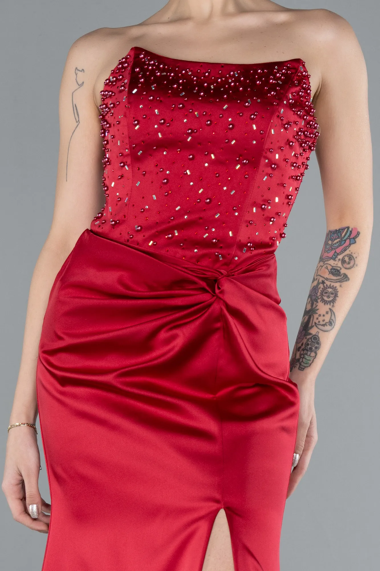 Burgundy-Strapless Long Satin Mermaid Prom Dress ABU4683