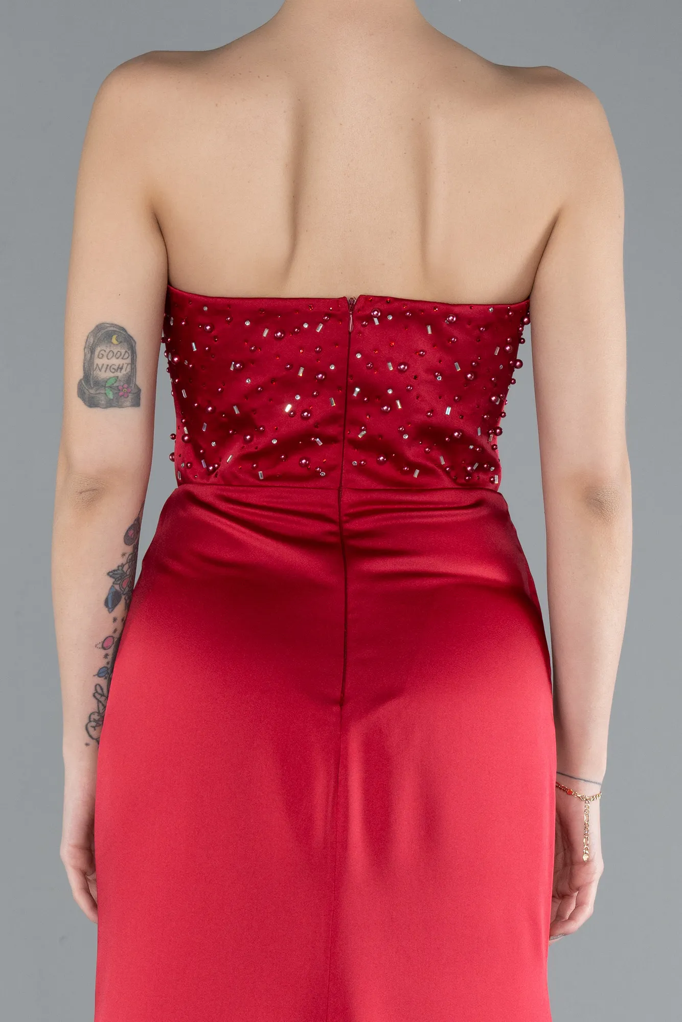 Burgundy-Strapless Long Satin Mermaid Prom Dress ABU4683