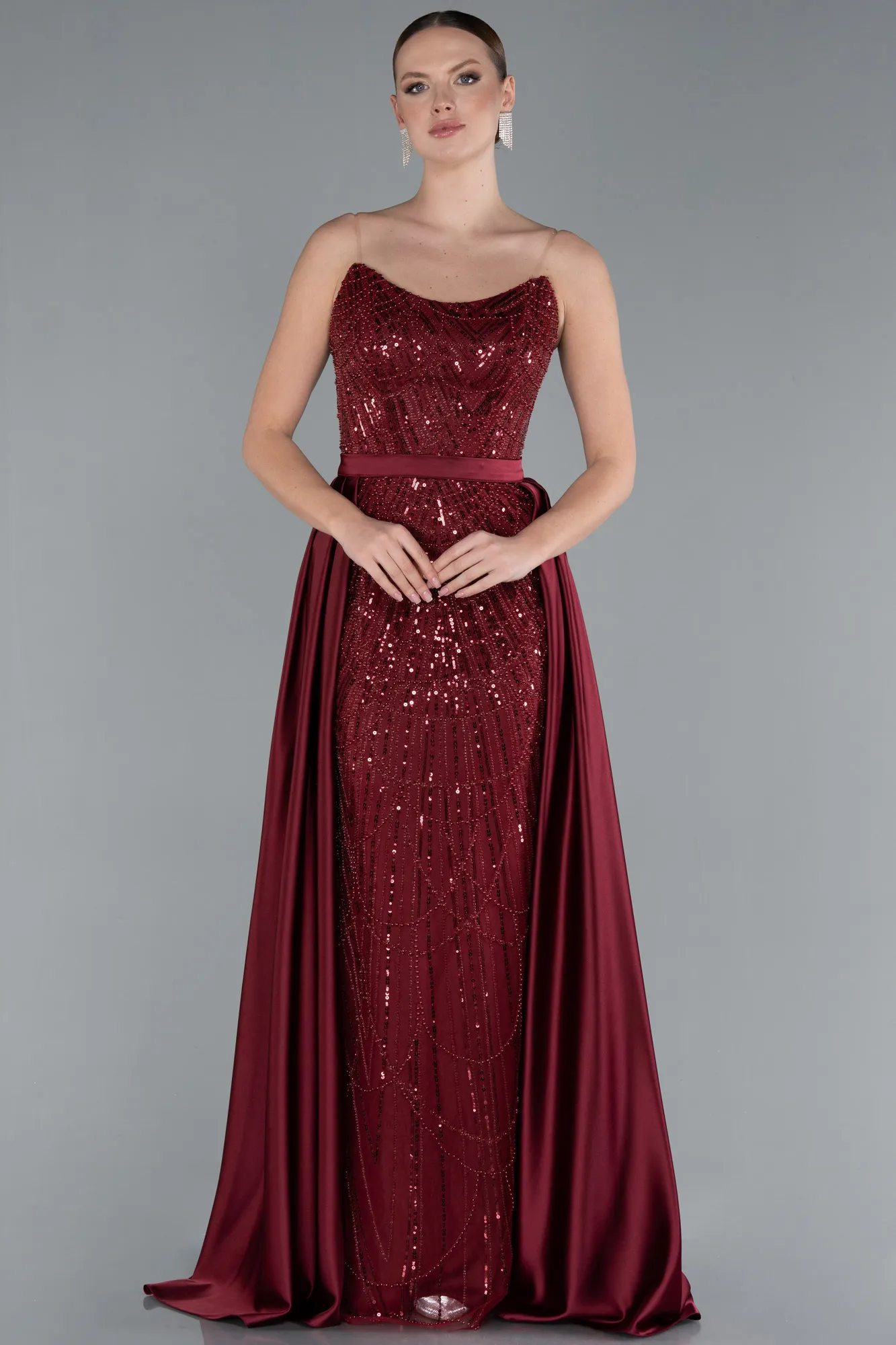 Burgundy-Strapless Satin Tail Long Beaded Evening Gown ABU4745