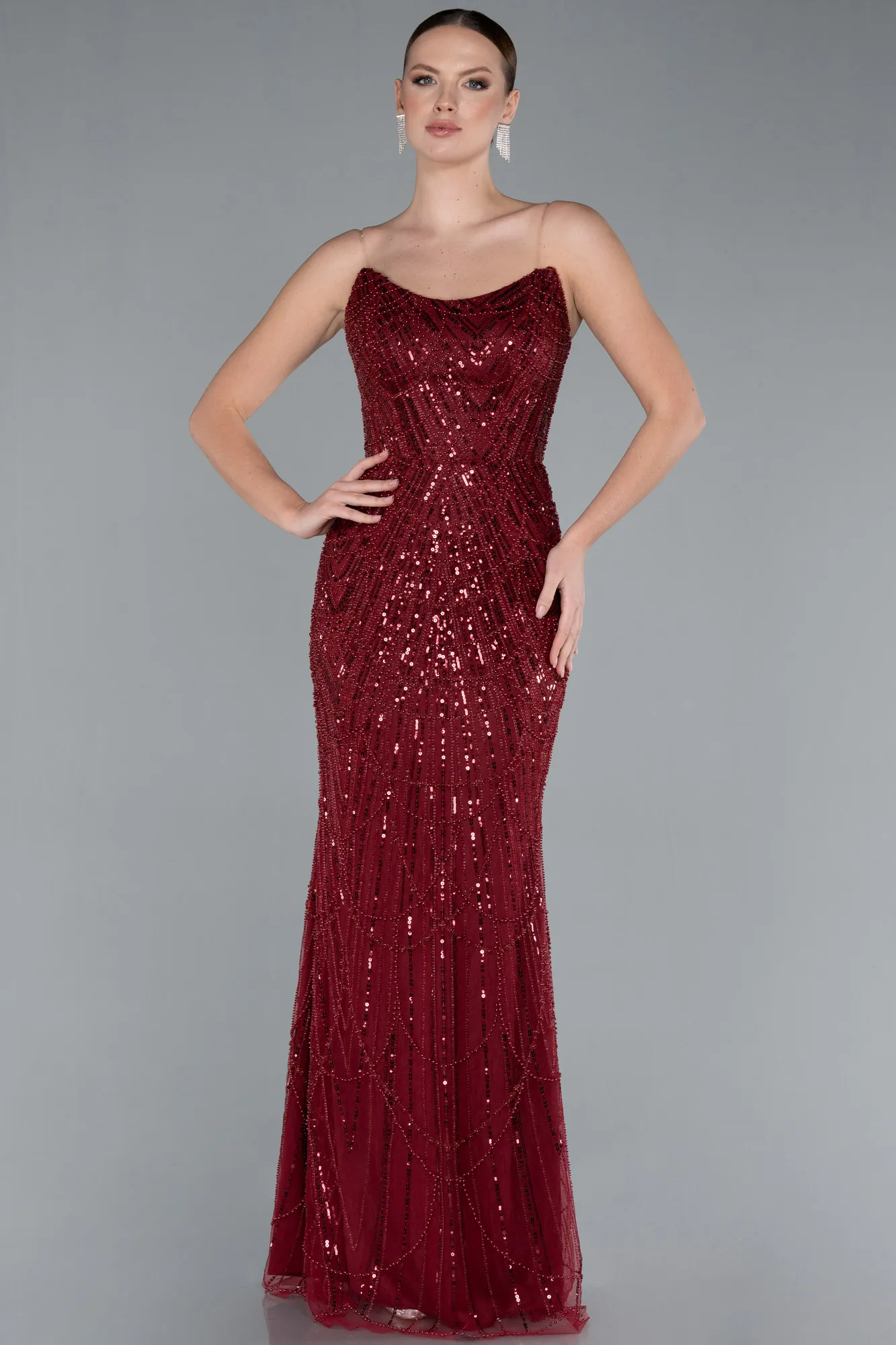 Burgundy-Strapless Satin Tail Long Beaded Evening Gown ABU4745