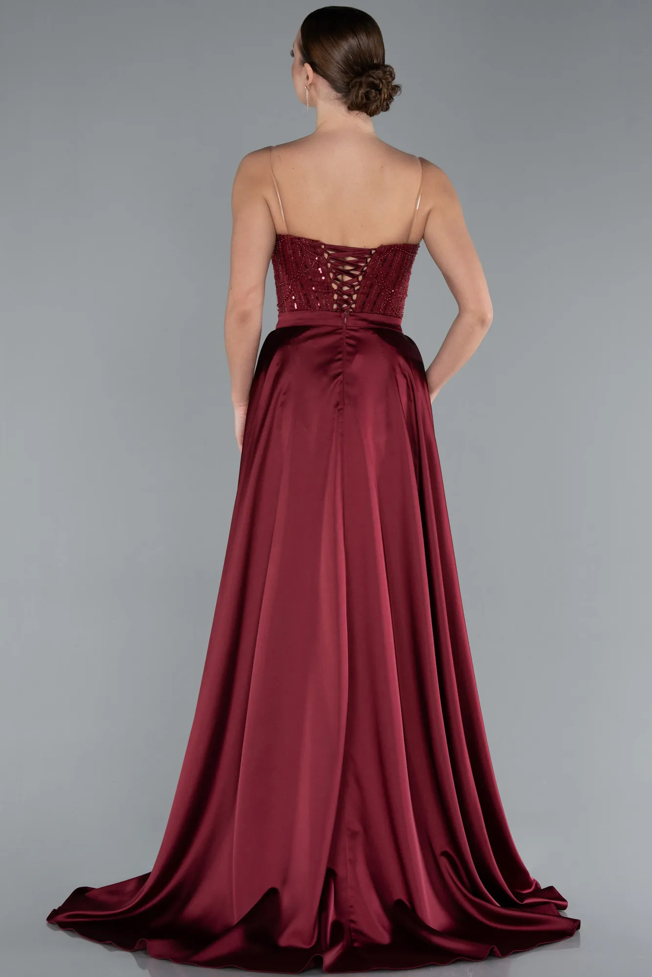Burgundy-Strapless Satin Tail Long Beaded Evening Gown ABU4745