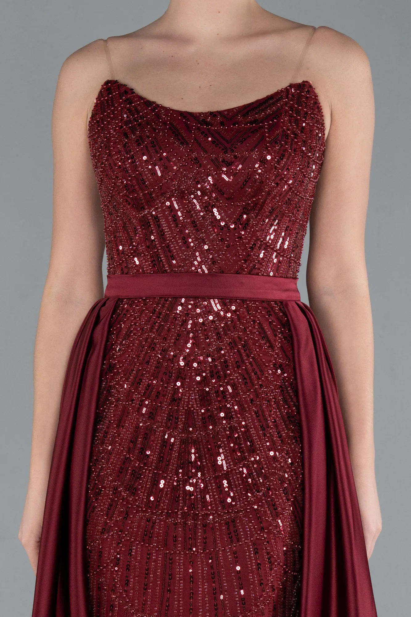 Burgundy-Strapless Satin Tail Long Beaded Evening Gown ABU4745