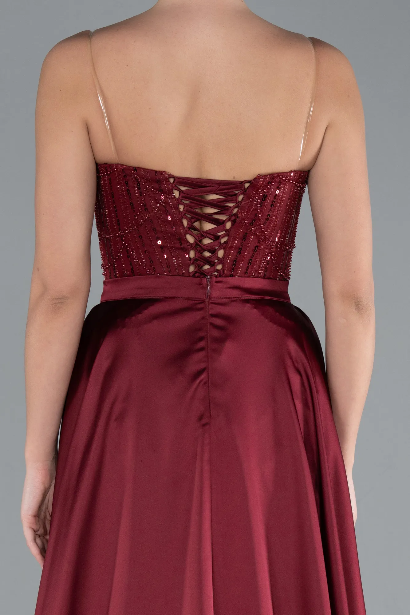 Burgundy-Strapless Satin Tail Long Beaded Evening Gown ABU4745