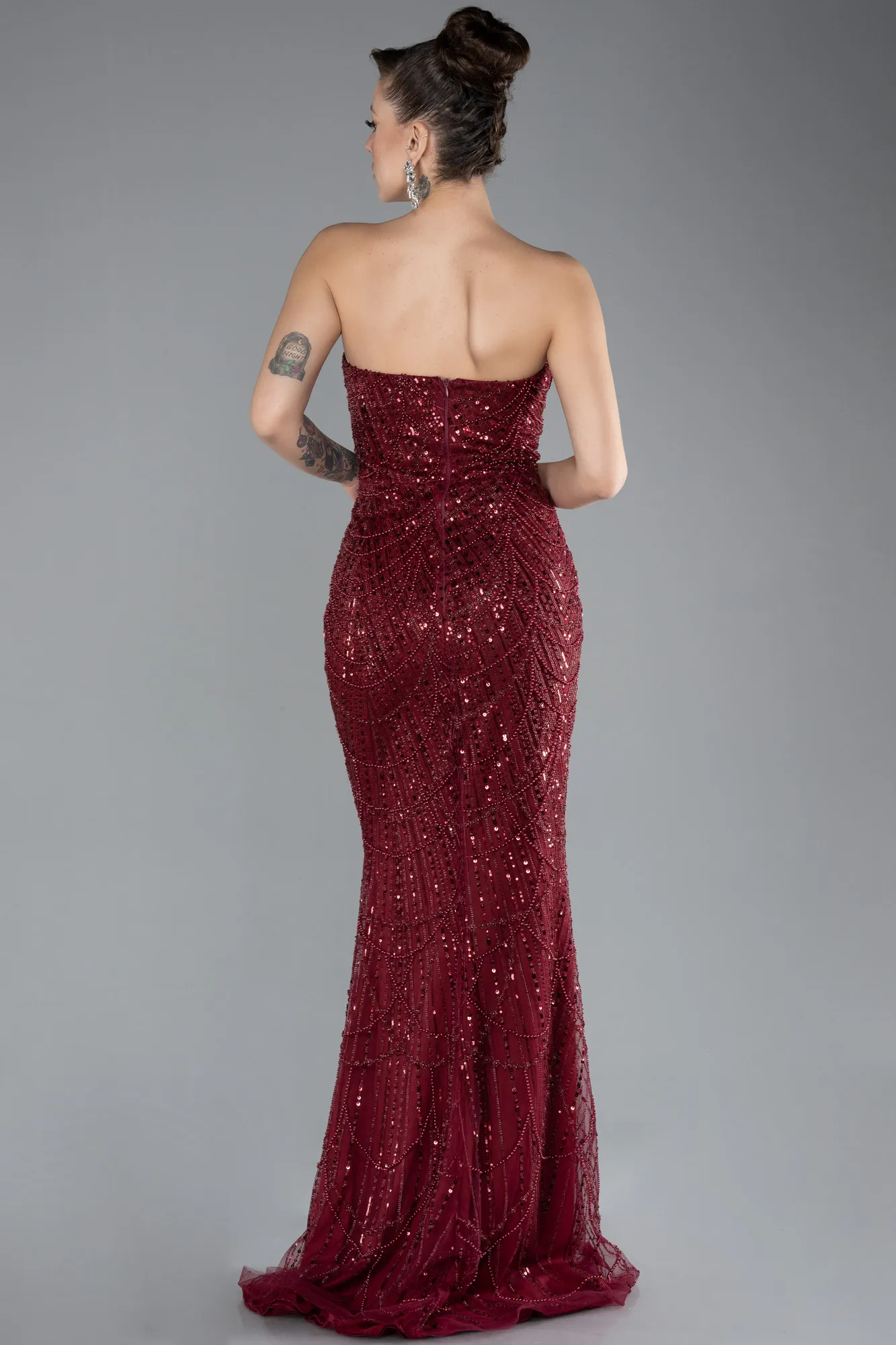 Burgundy-Strapless Shawl Stoned Long Evening Gown ABU4517