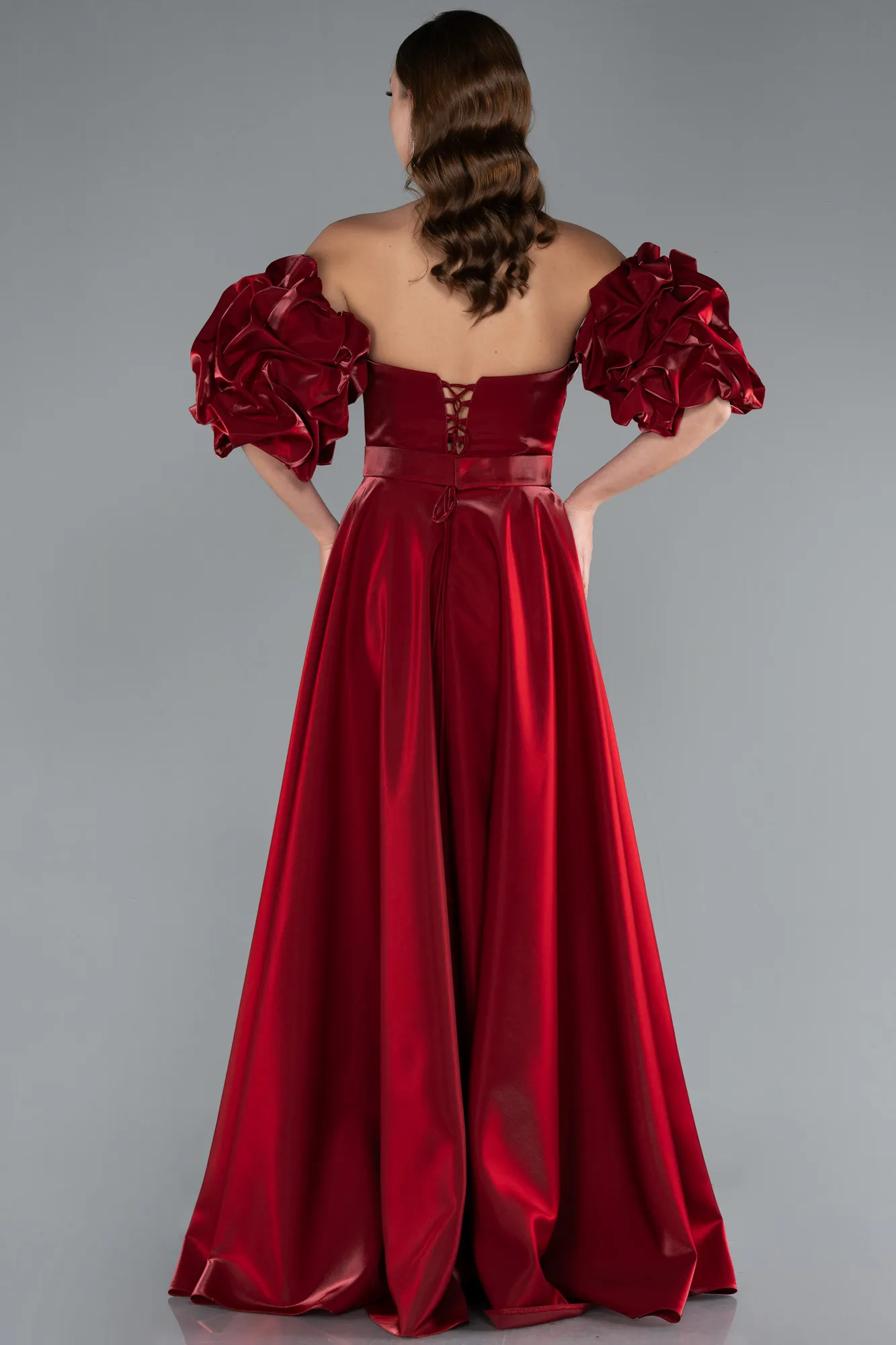 Burgundy-Strapless Sleeve Accessorized Long Taffeta Prom Dress ABU4845