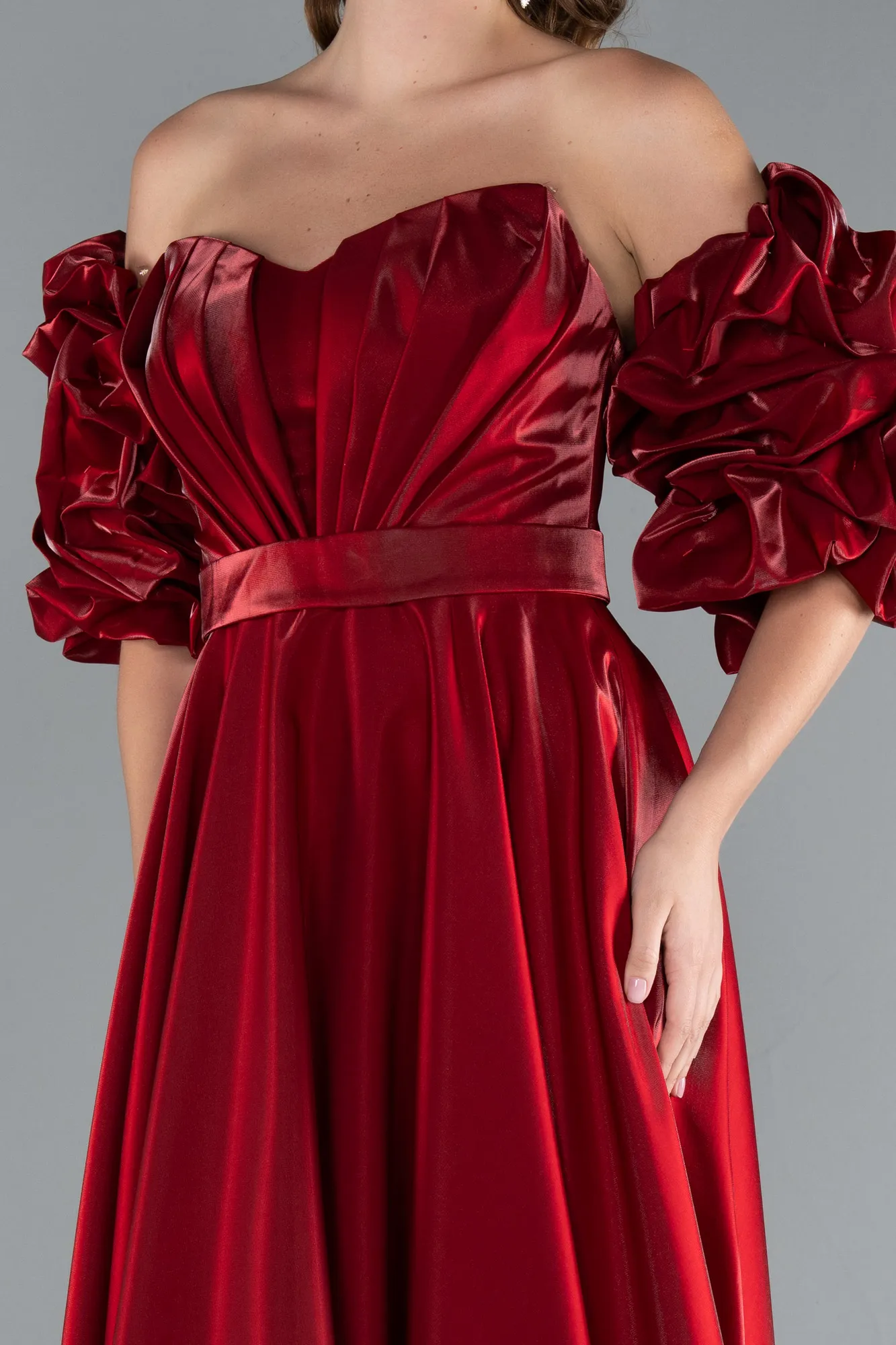 Burgundy-Strapless Sleeve Accessorized Long Taffeta Prom Dress ABU4845