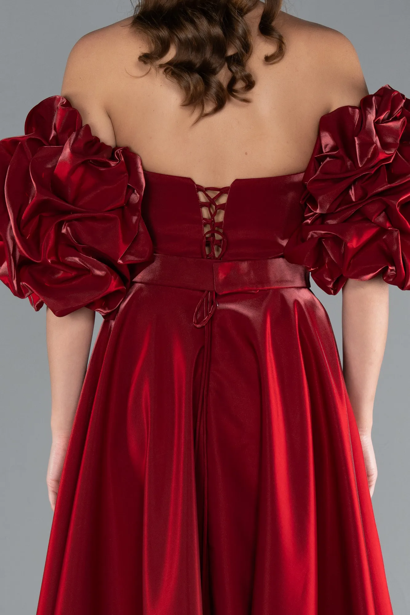 Burgundy-Strapless Sleeve Accessorized Long Taffeta Prom Dress ABU4845
