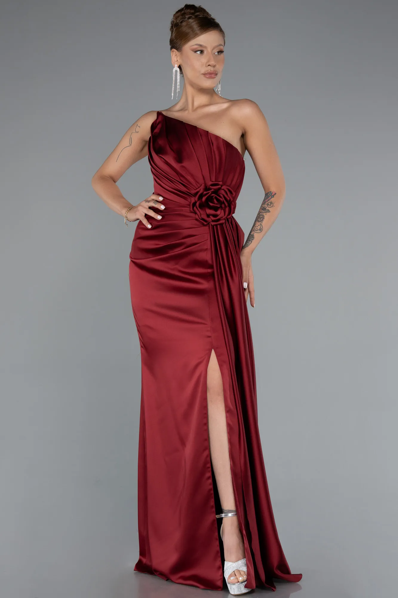 Burgundy-Strapless Slit Long Satin Evening Dress ABU4174