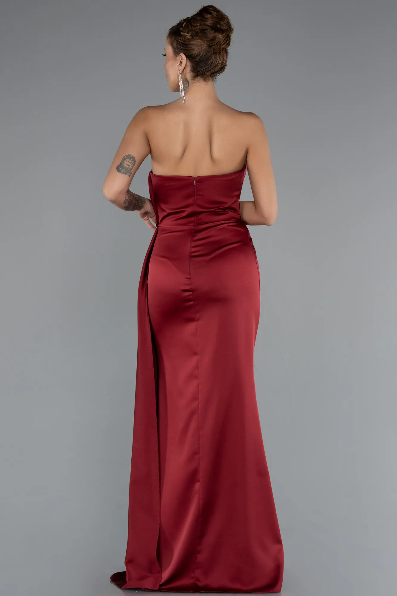 Burgundy-Strapless Slit Long Satin Evening Dress ABU4174
