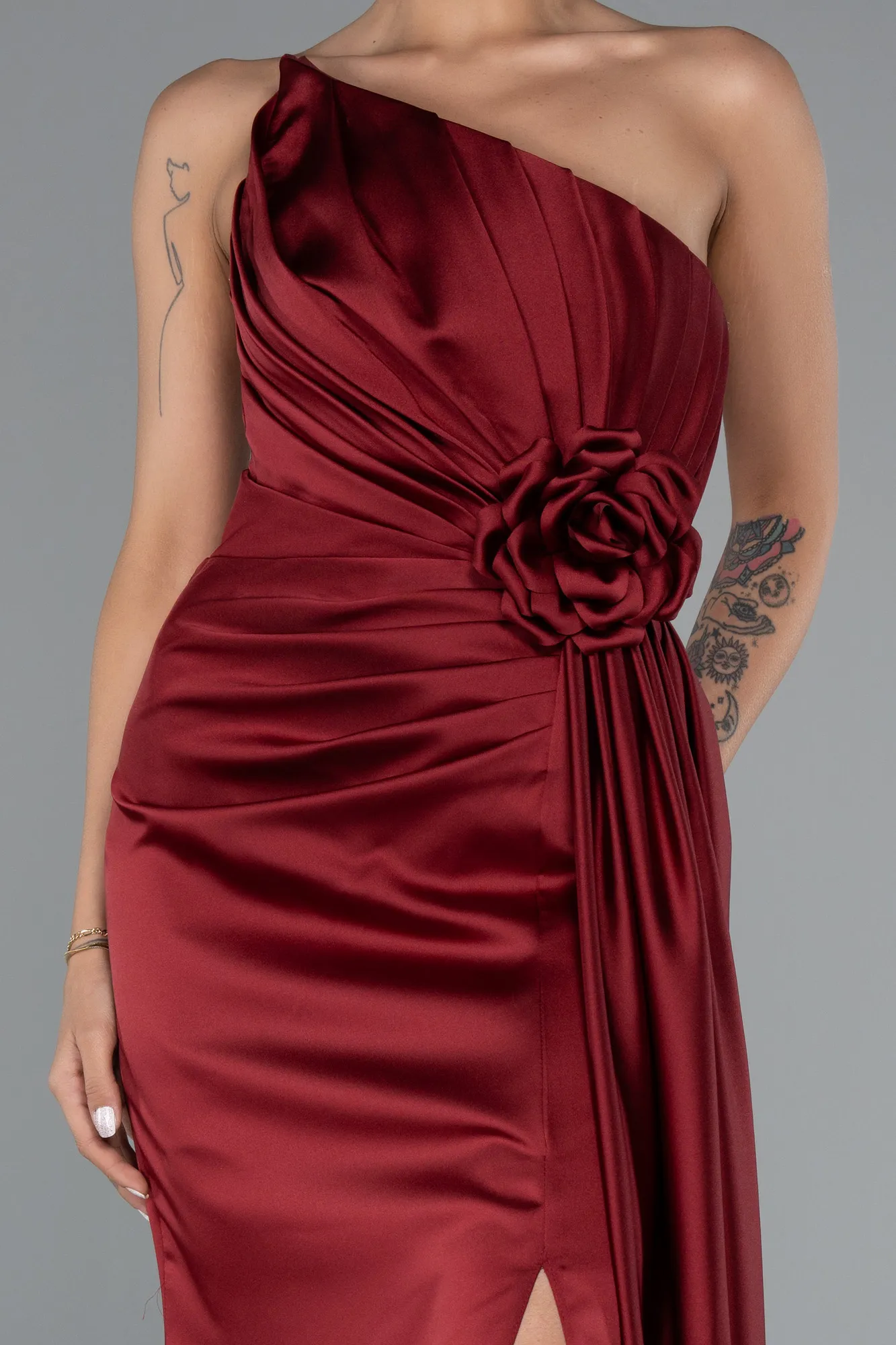 Burgundy-Strapless Slit Long Satin Evening Dress ABU4174