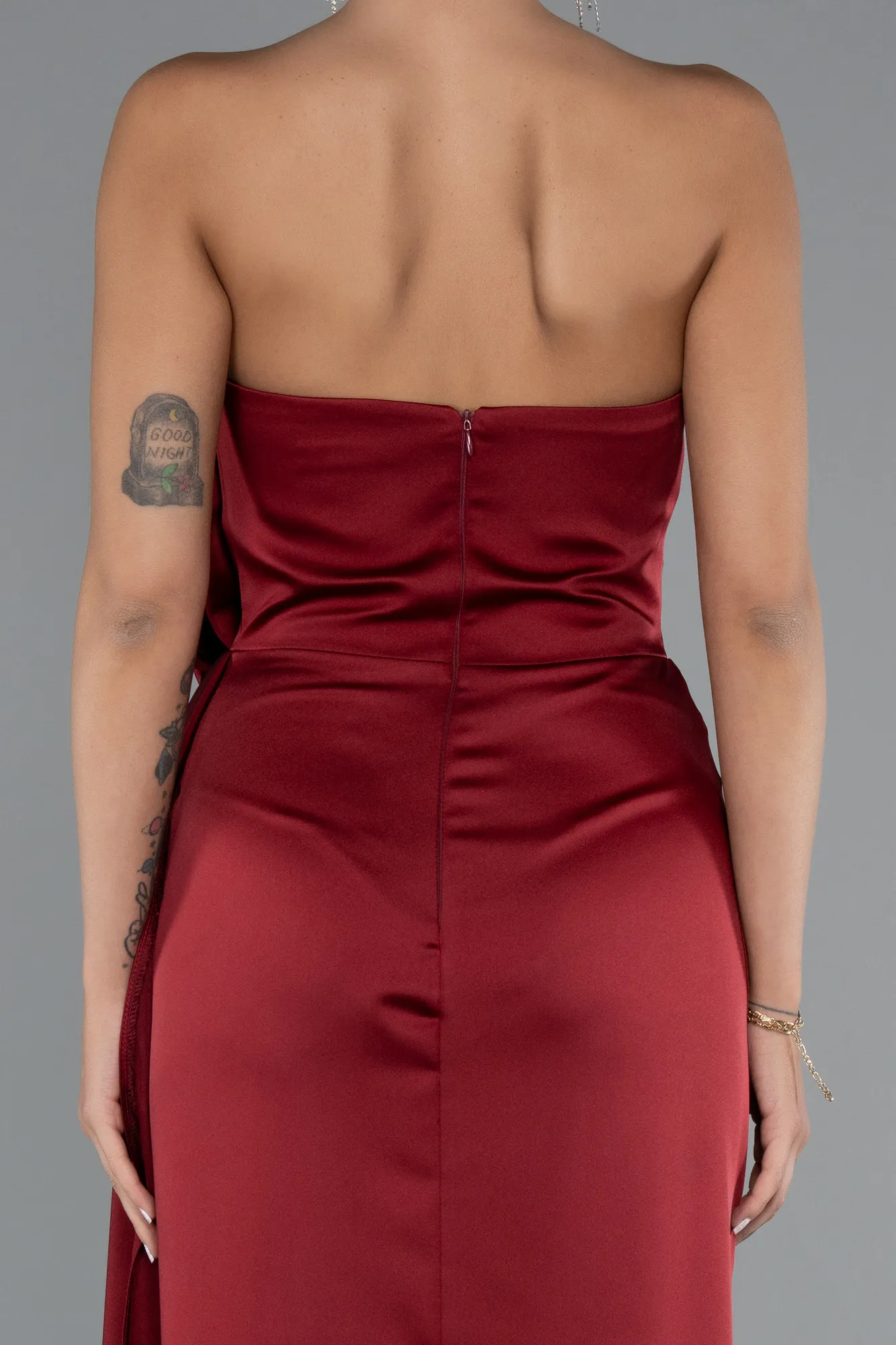 Burgundy-Strapless Slit Long Satin Evening Dress ABU4174