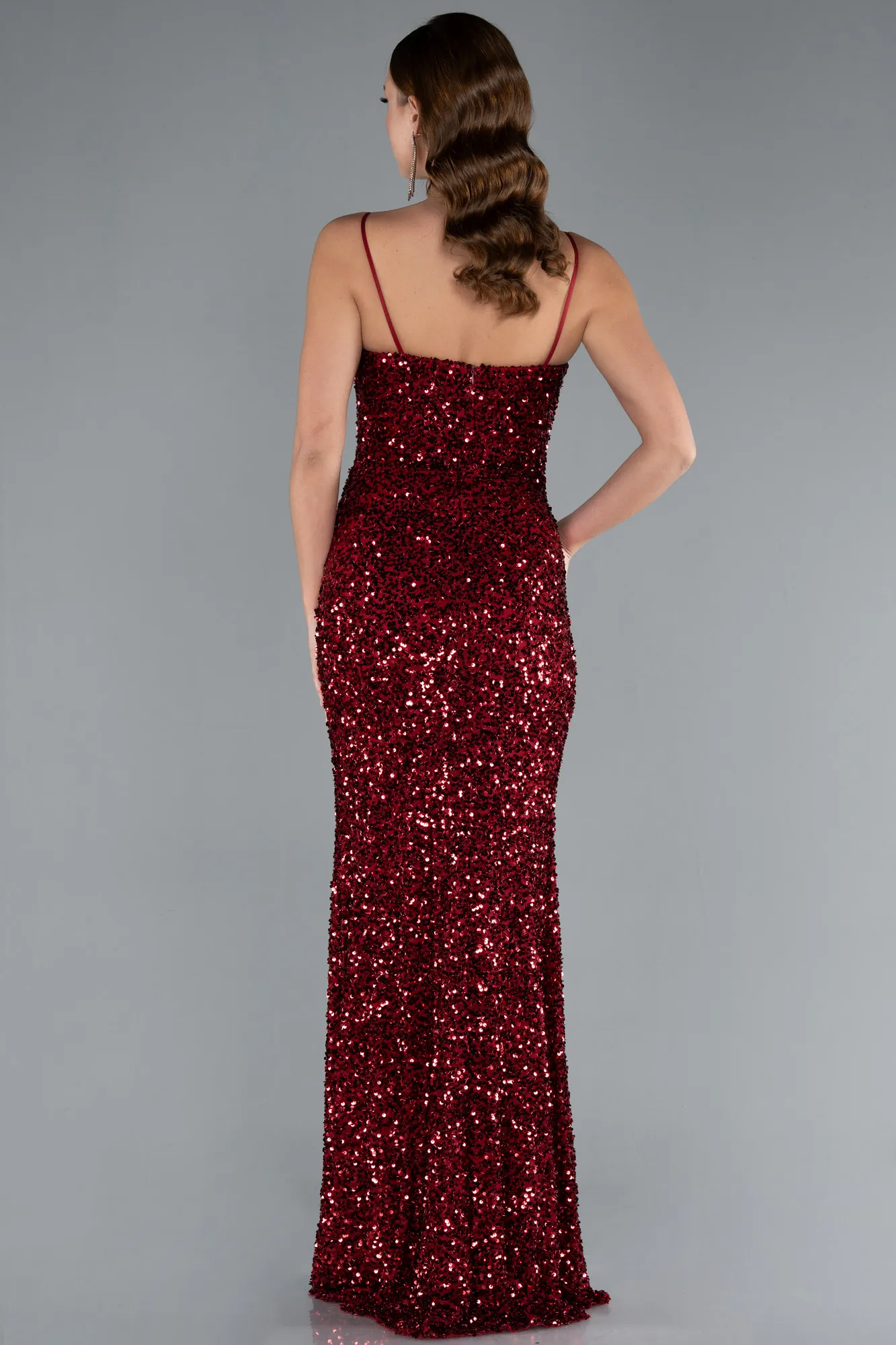 Burgundy-Strapless Underwire Slit Long Sequin Evening Gown ABU4842