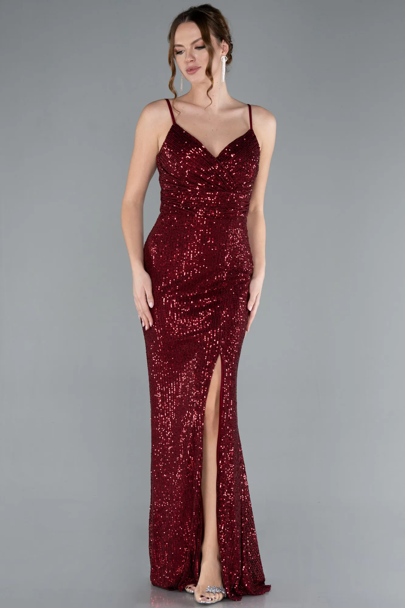 Burgundy-Straps Slit Long Sequined Evening Prom Dress ABU4780