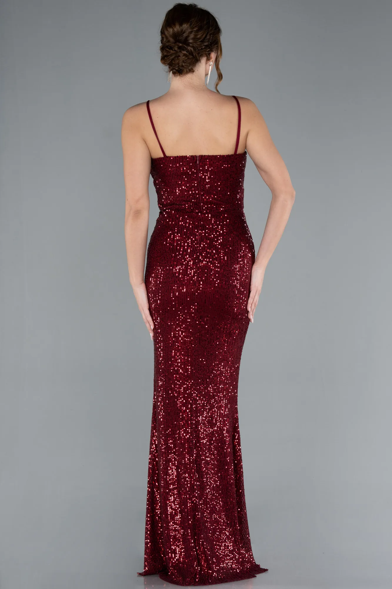 Burgundy-Straps Slit Long Sequined Evening Prom Dress ABU4780