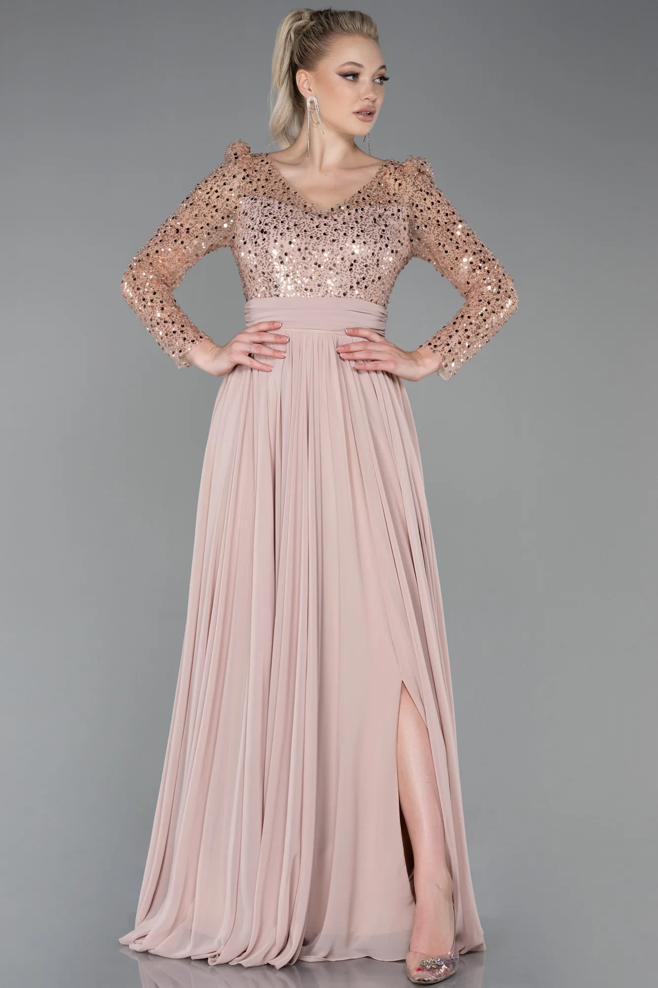 Cappuccino-Long Chiffon Evening Dress ABU3212