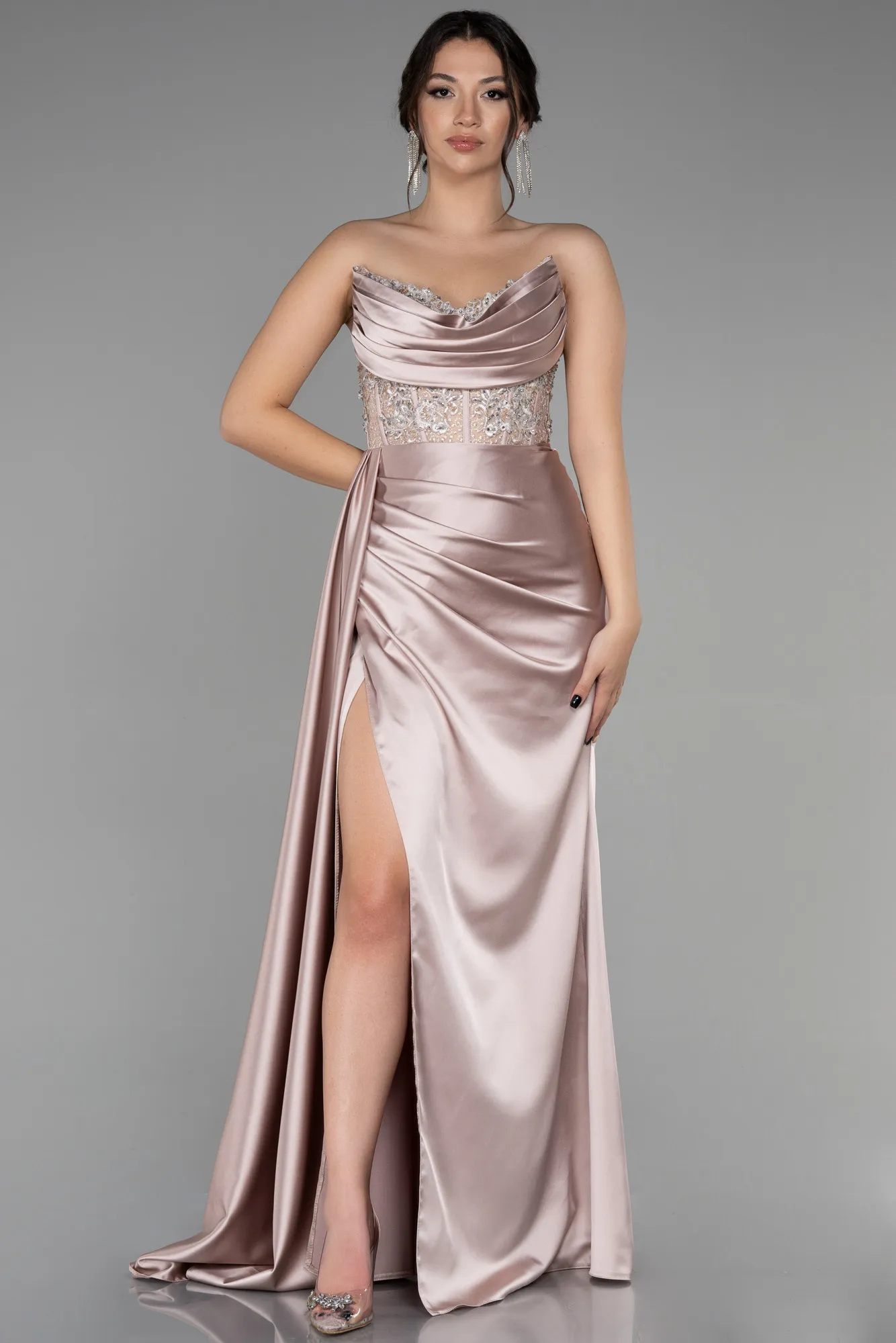 Cappuccino-Long Satin Evening Dress ABU3447