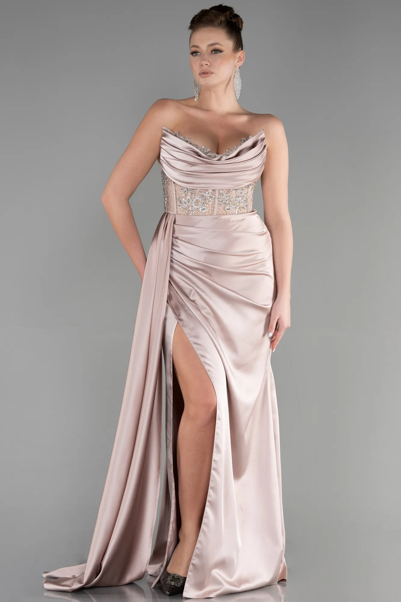 Cappuccino-Long Satin Evening Dress ABU3587
