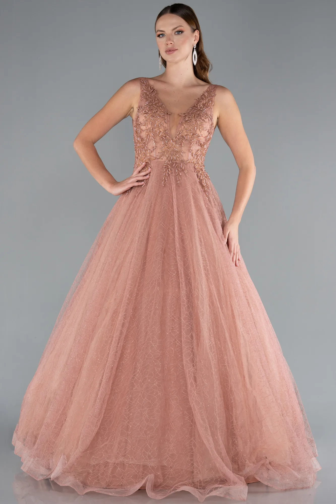 Cinnamon-Embroidered Bodice Dusty Rose Tulle Evening Gown ABU2131