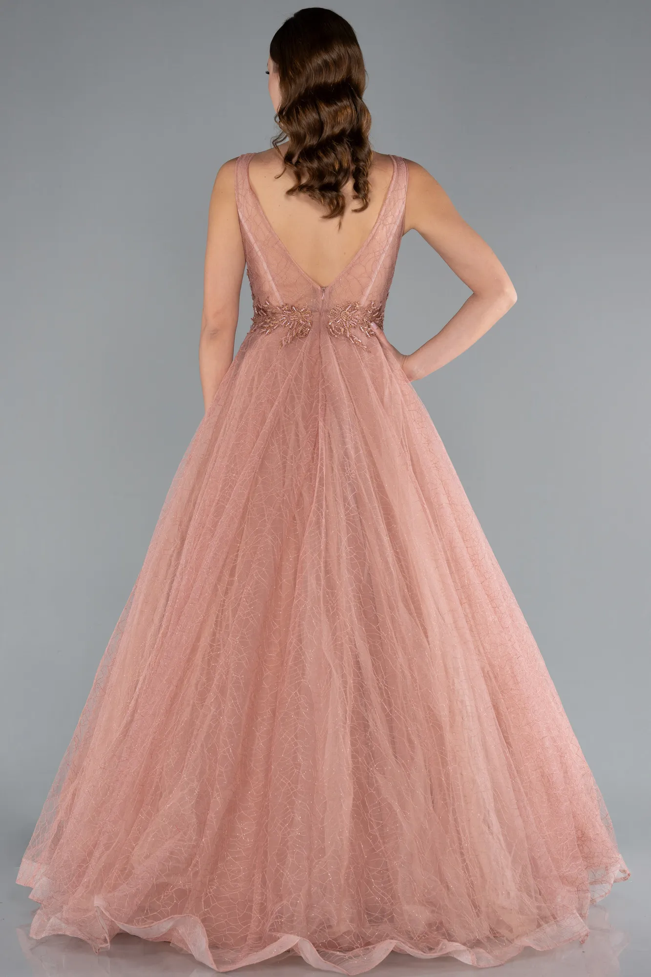 Cinnamon-Embroidered Bodice Dusty Rose Tulle Evening Gown ABU2131