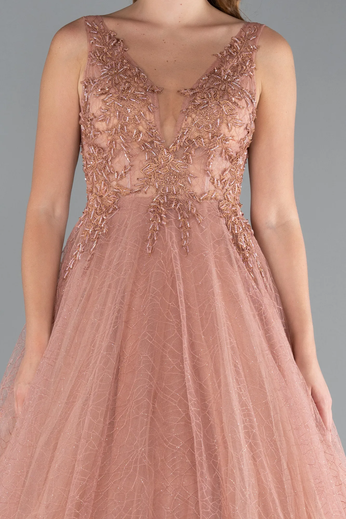 Cinnamon-Embroidered Bodice Dusty Rose Tulle Evening Gown ABU2131