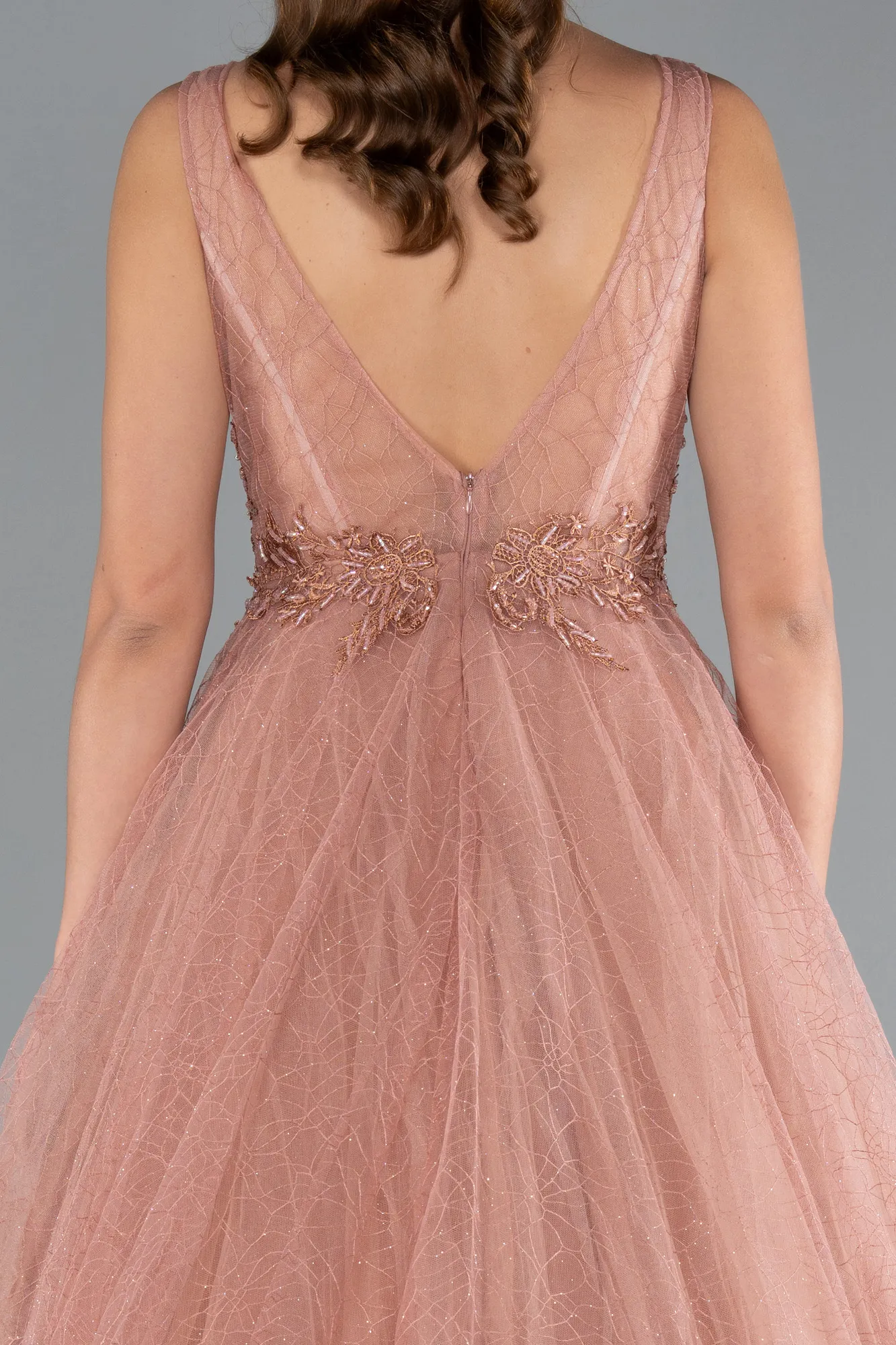 Cinnamon-Embroidered Bodice Dusty Rose Tulle Evening Gown ABU2131
