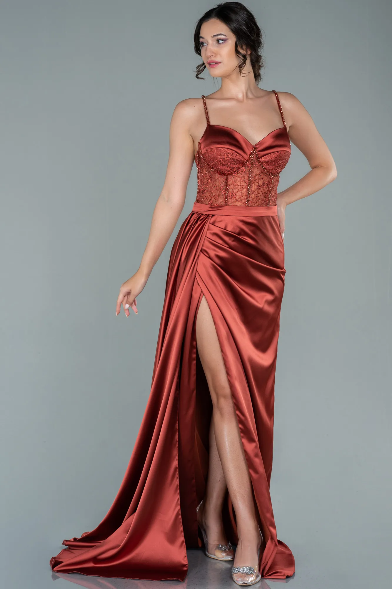 Cinnamon-Long Satin Evening Dress ABU2130