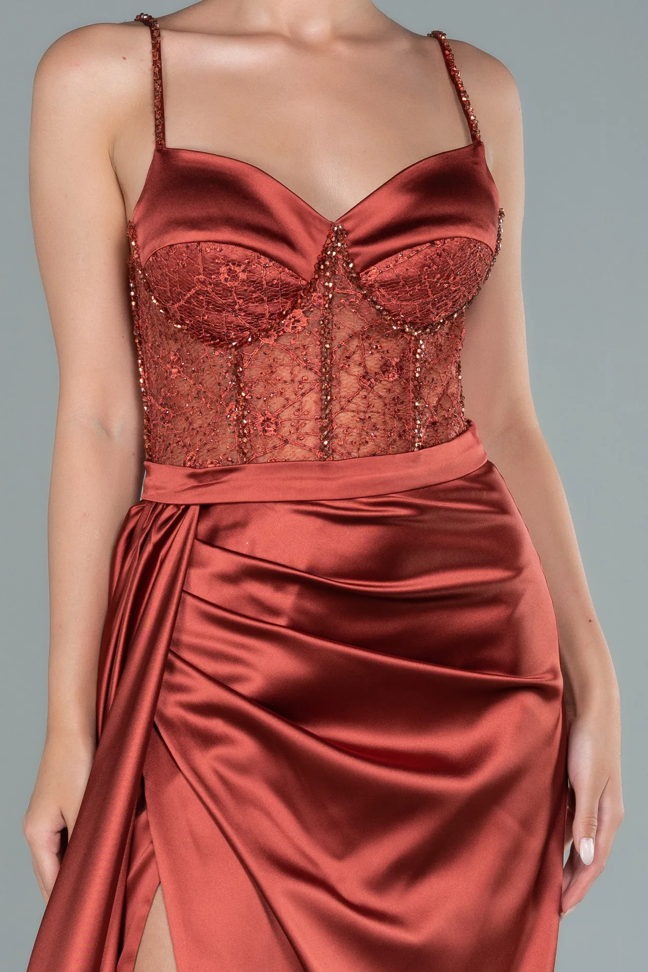 Cinnamon-Long Satin Evening Dress ABU2130