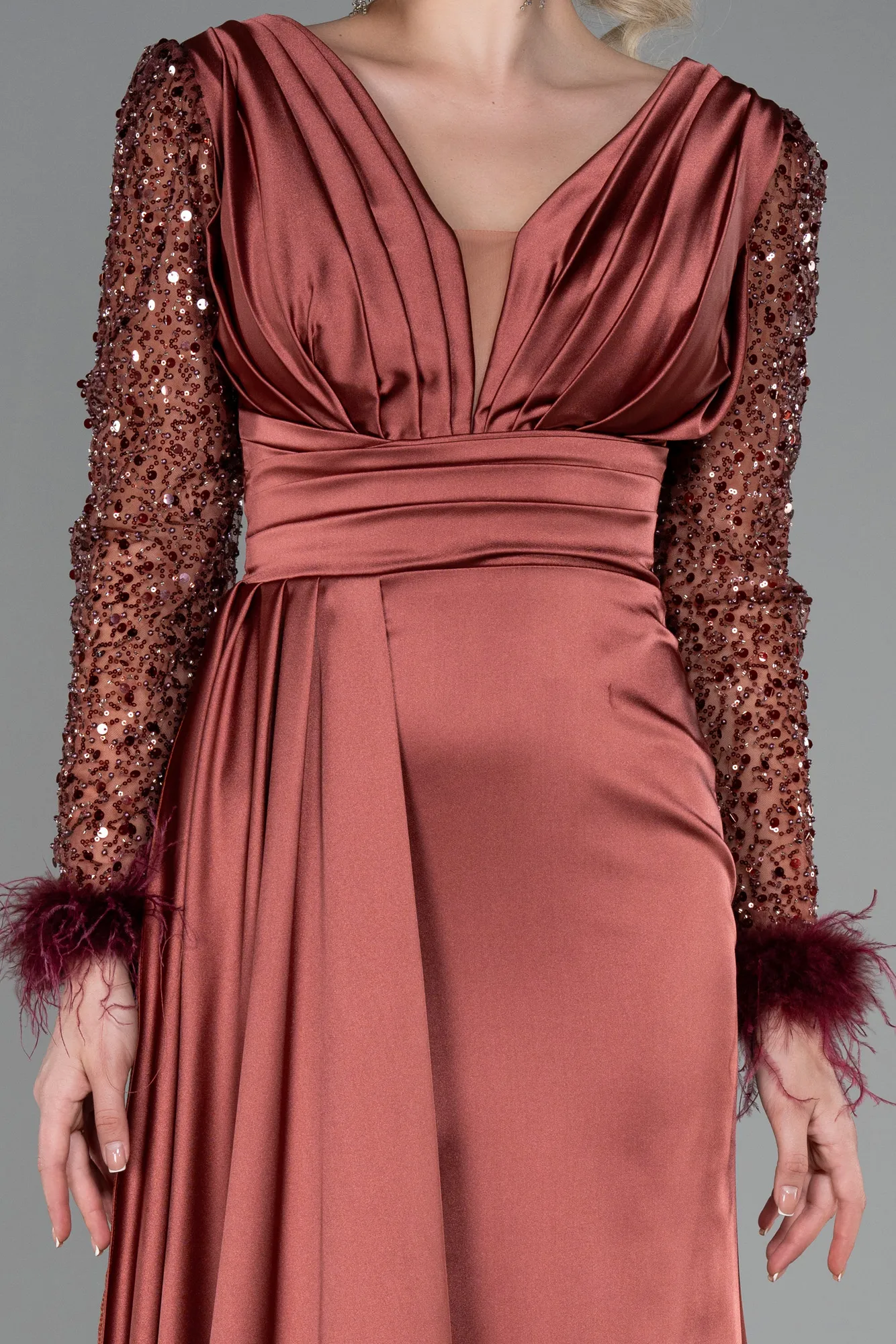 Cinnamon-Long Satin Evening Dress ABU3080