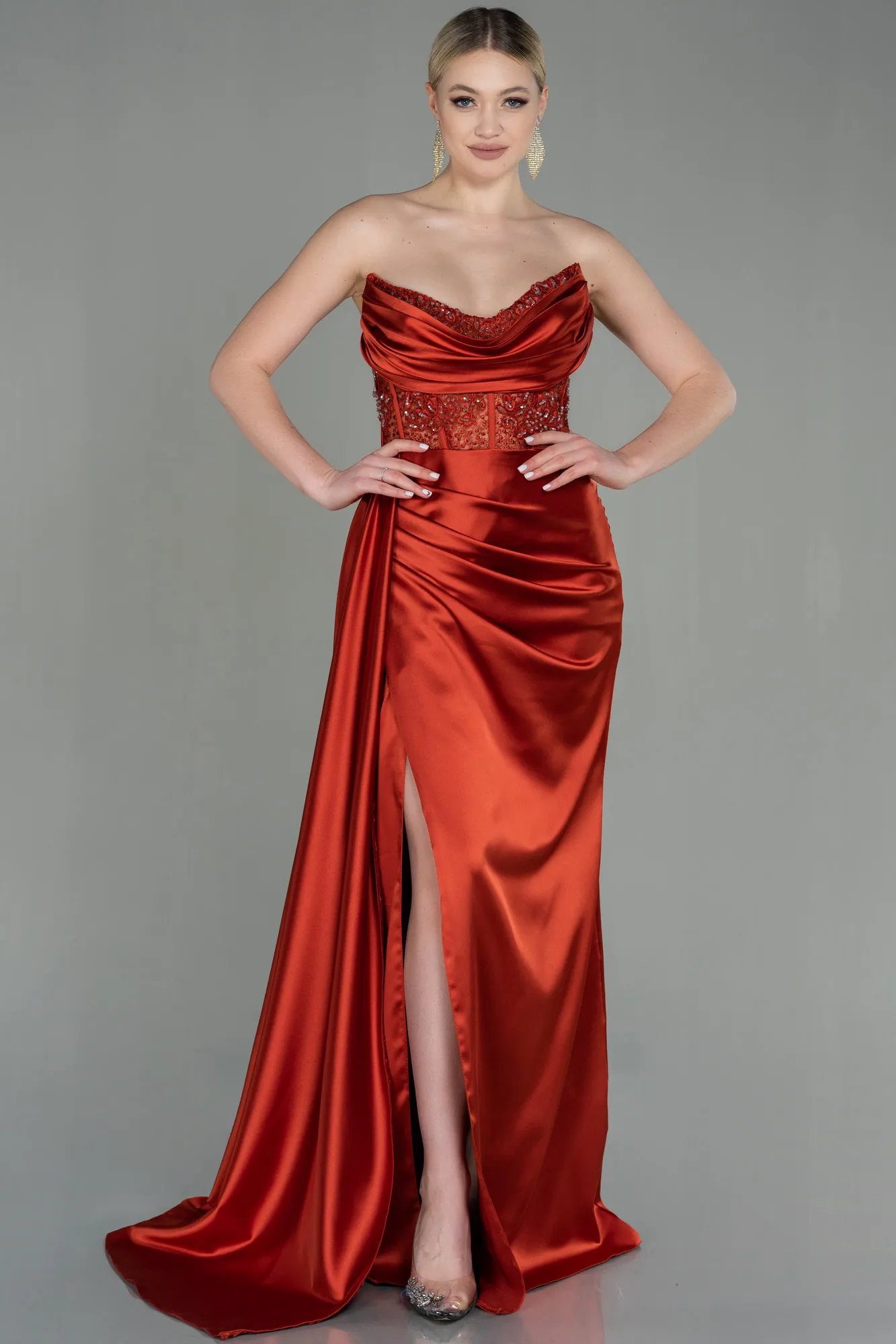 Cinnamon-Long Satin Evening Dress ABU3447