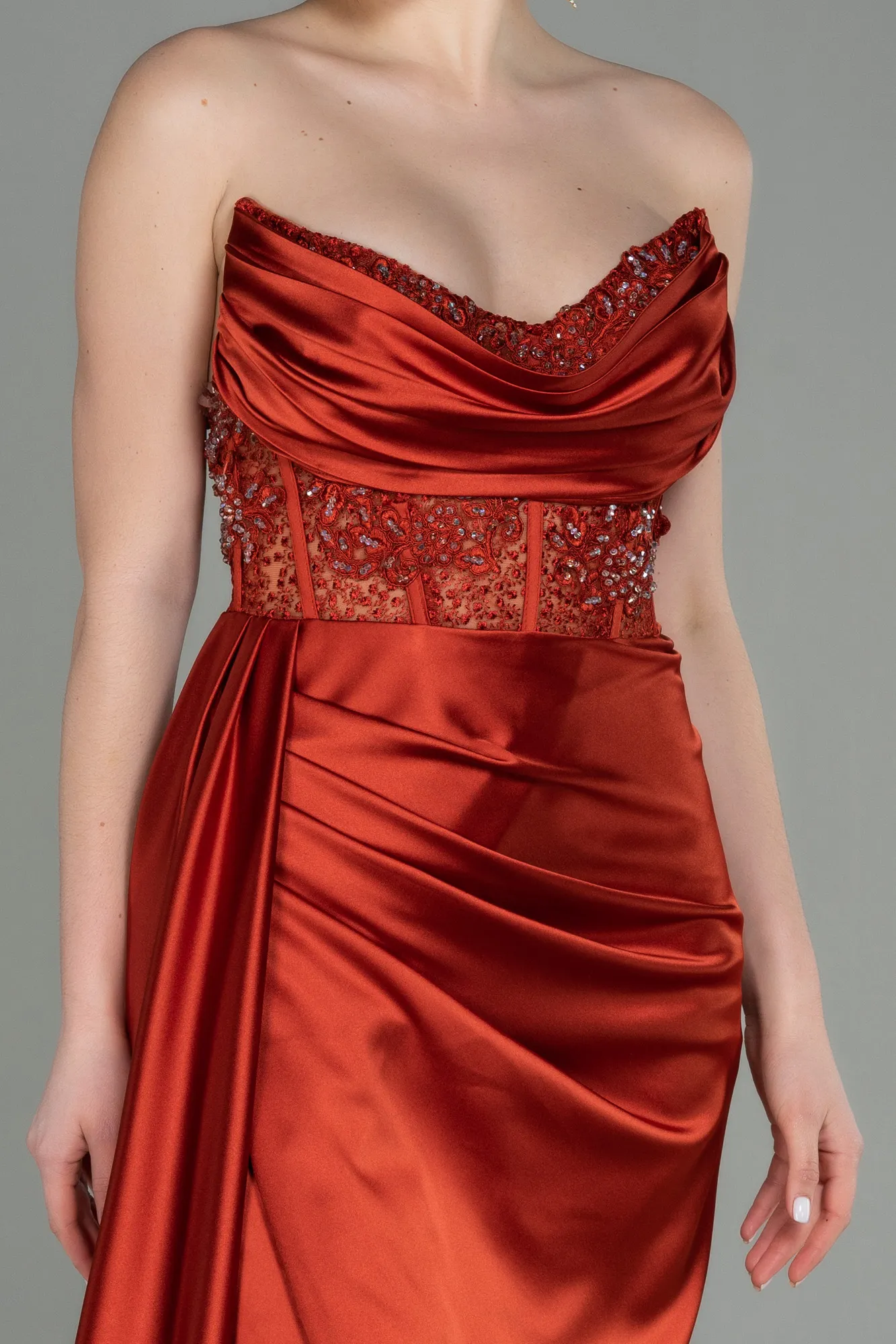 Cinnamon-Long Satin Evening Dress ABU3447